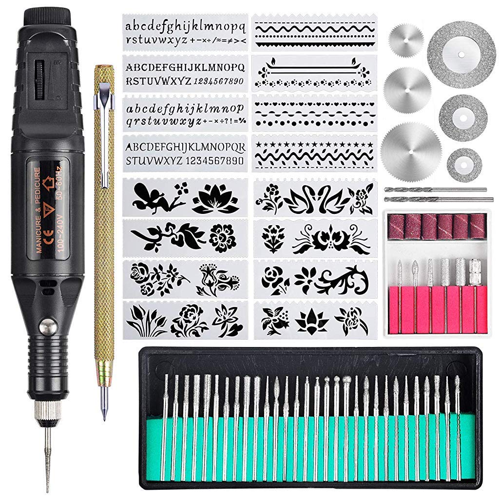 HASTHIP® 70 Pcs Engraving Tool Kit, Multi-Functional Electric Corded Engraver Pen DIY Rotary Tool for Jewelry Glass Wood Metal Ceramic Plastic with Scriber, 52 Accessories and 16 Stencils