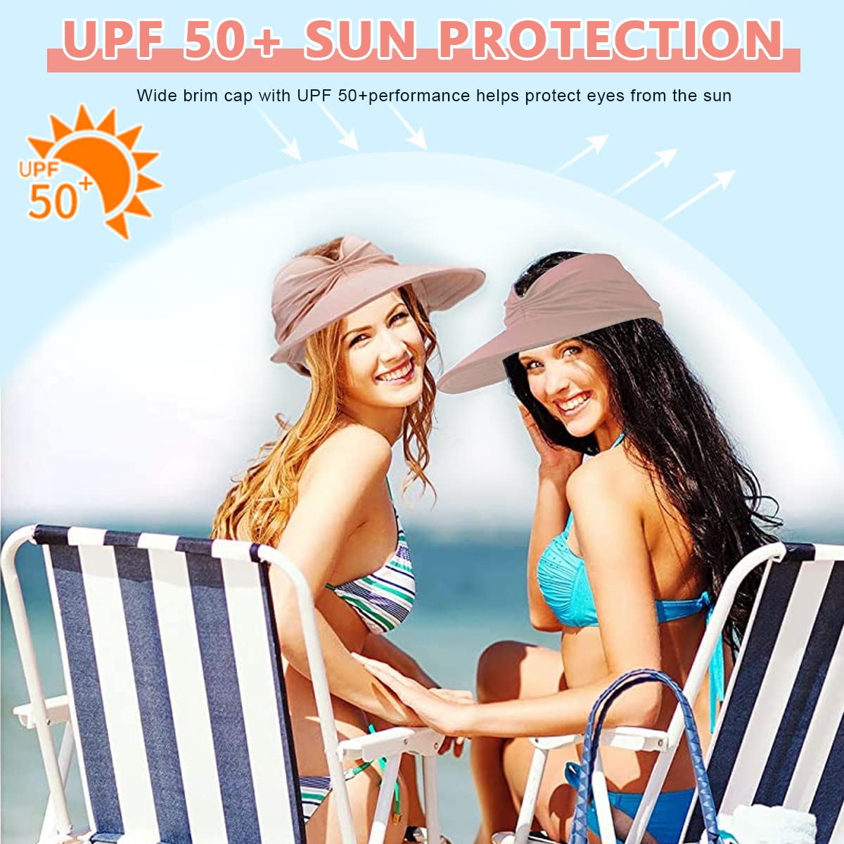 PALAY Sun Hat for Women featuring Wide Brim UV Protection and Pearl Embroidery | Adjustable Beige Visor for Beach and Summer Wear