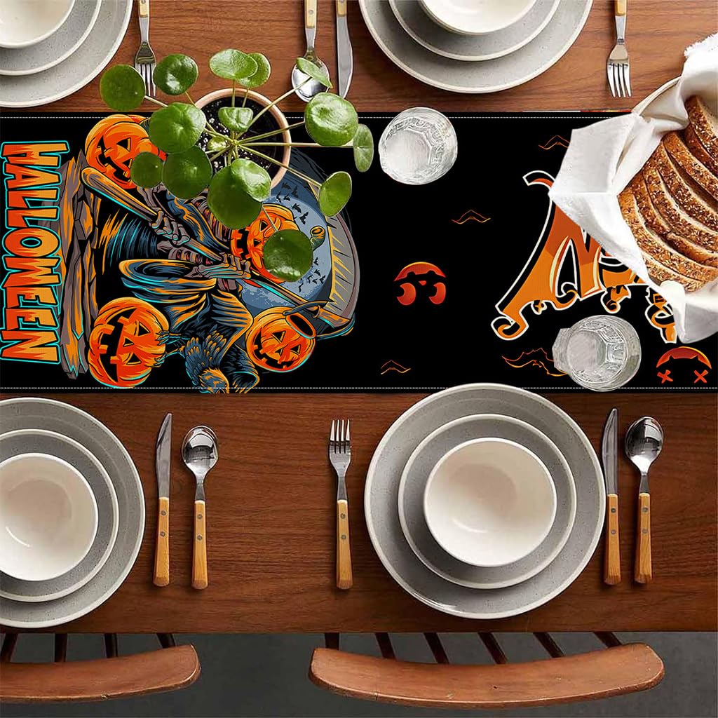 HASTHIP® Halloween Table Runner 12.9x70.8 inches Halloween Evil Pumpkin Linen Cloth Runner for Halloween Table Settings Halloween Table Decorative Dining Table Runner Creative Halloween Home Decor