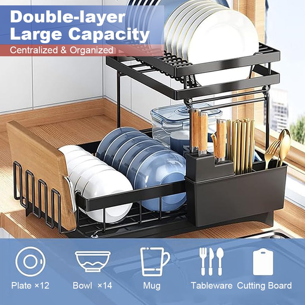 HASTHIP Dish Drying Rack for Kitchen Counter with Double Layer Design and Carbon Steel Structure