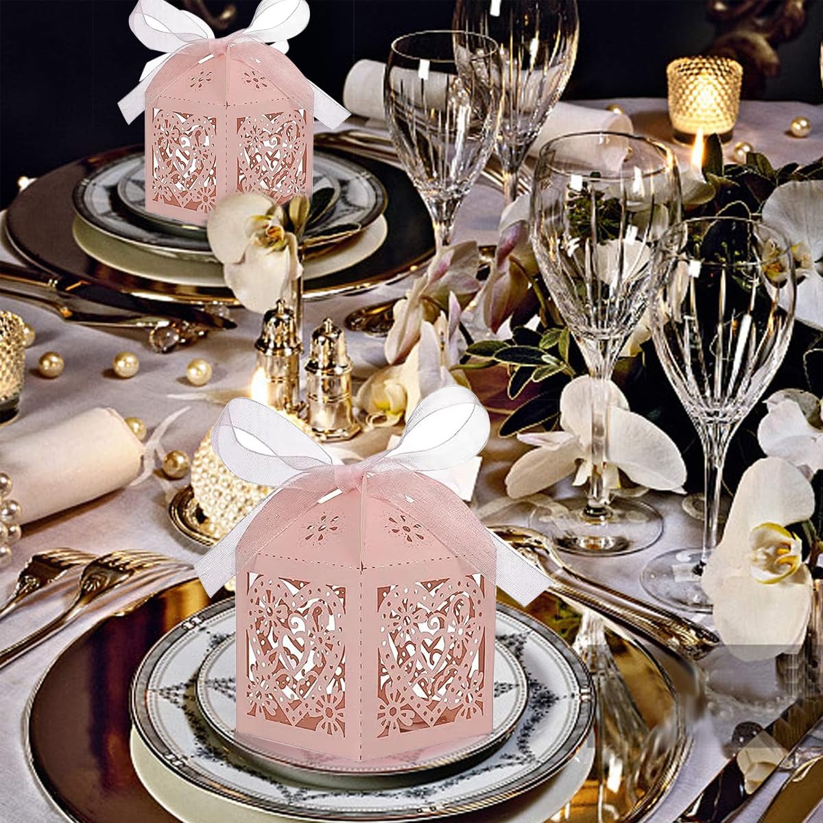 HASTHIP Wedding Favour Boxes for Gifts and Sweets featuring Hollow Cut Design | 50PCS 5x5x7cm