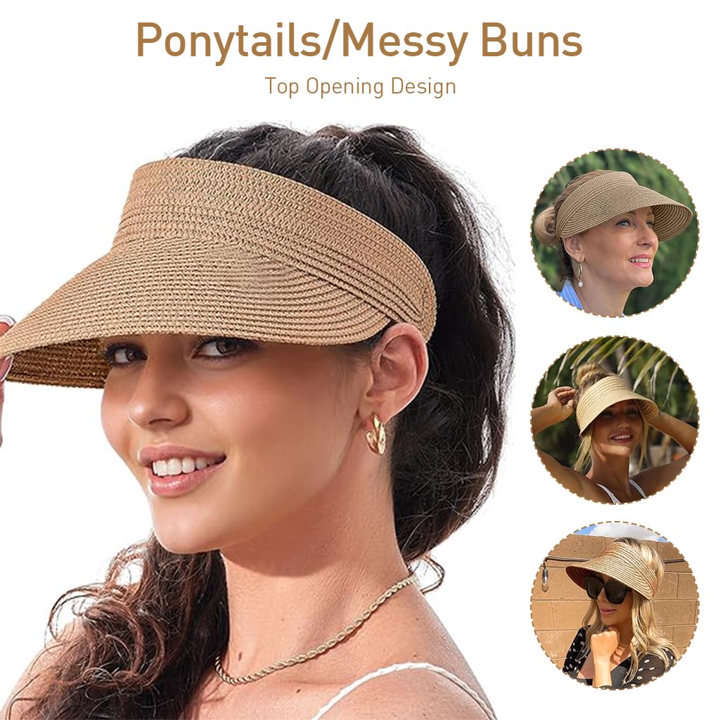 PALAY® Sun Hat for Women, Straw Wide Brim Visor Sun Cap for Women, Foldable Summer Beach Hats Khaki 50+ UV Protection Hat for Travel, Holiday, Swimming