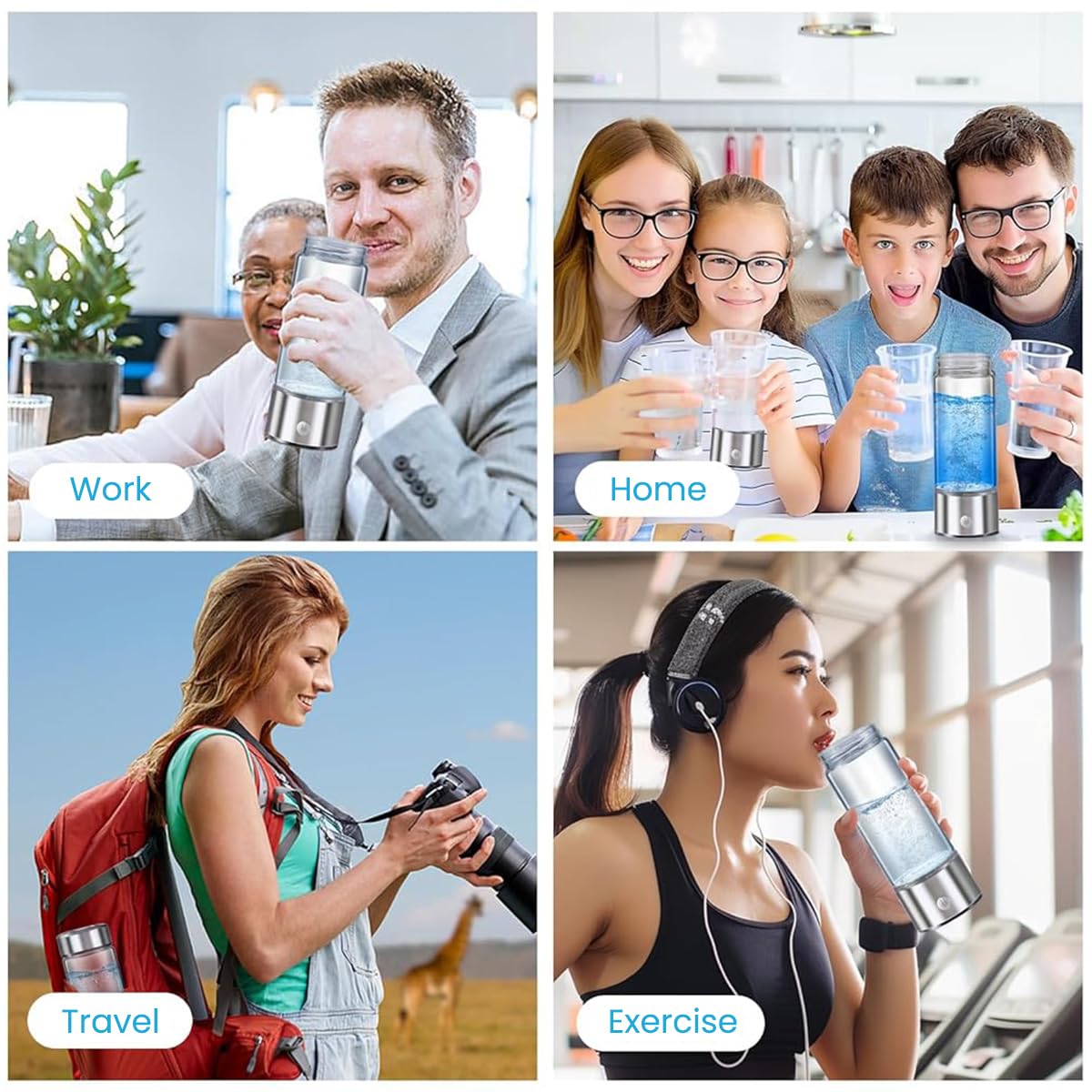 HASTHIP Glass Water Bottle 420ml for Travel with Electrolysis Hydrogen Generator | High Boron Silicon Transparent Design