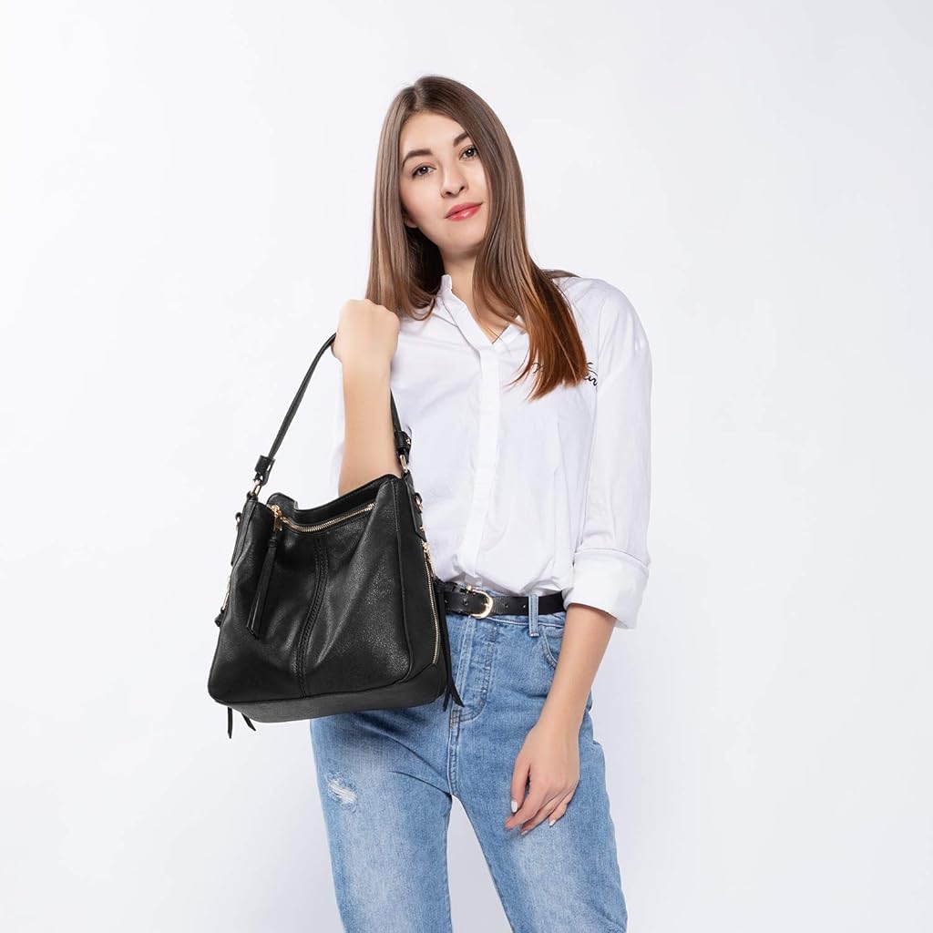ZIBUYU® Tote Handbag for Women Fashion Faux Leather Bag Classic Shoulder Crossbody for Lady Girl Solid Color Black 2 PCS