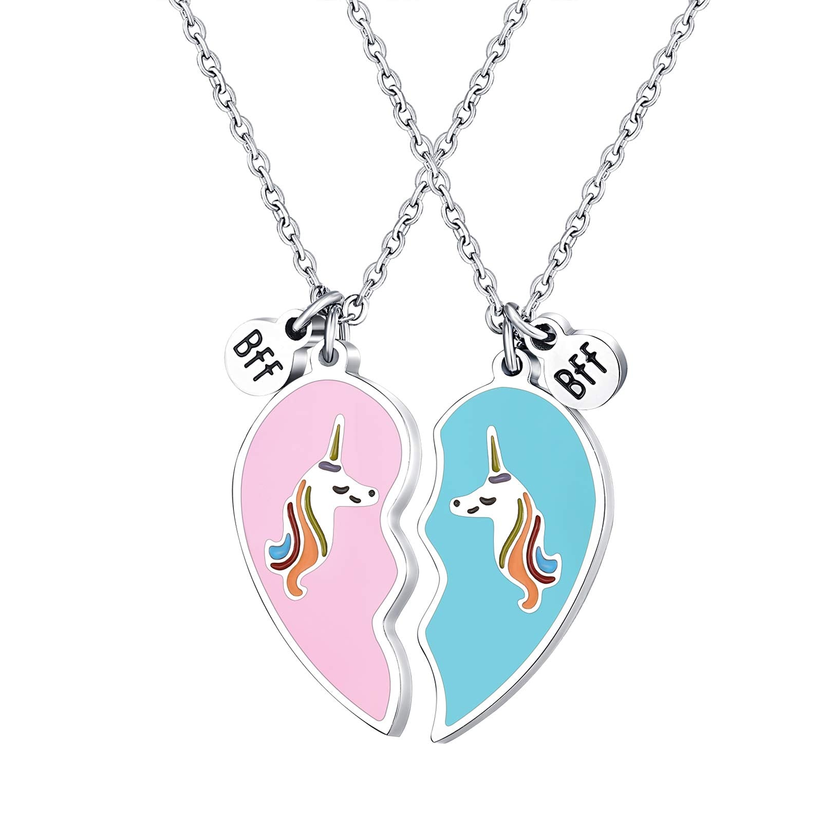 ZIBUYU Unicorn BFF Friendship Necklace Set for 2 Girls with 17.7 in Chain | Pink and Blue Heart Pendant