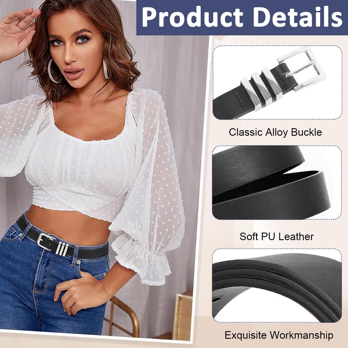 SANNIDHI Waist Belt for Women featuring Tuck and Pin Closure with 105cm PU Leather | Slim Black Belt for Jeans and Dresses