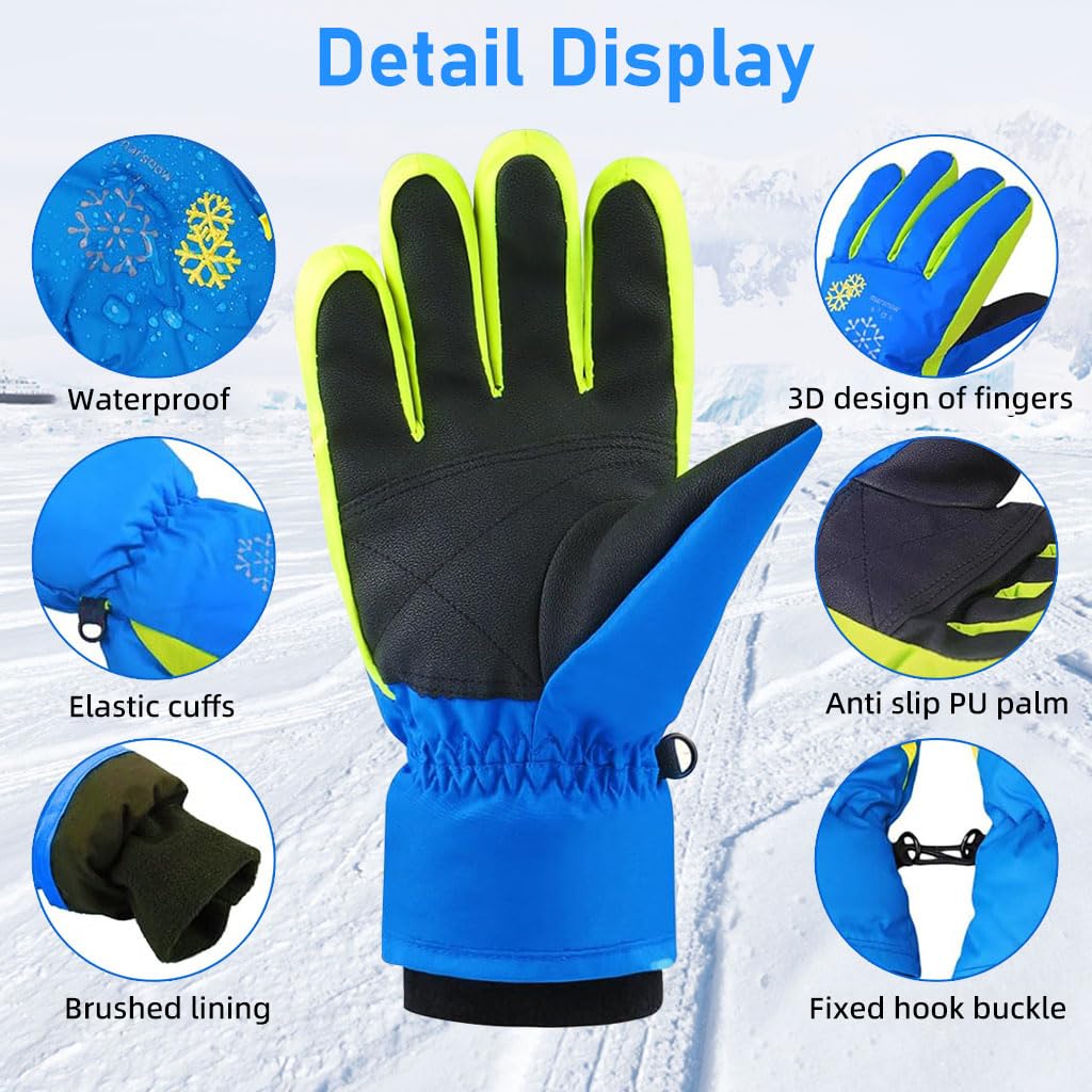 GUSTAVE® Winter Gloves For Kids Warm Ski Gloves With Anti-Slip Pu Palm, Waterproof Gloves Riding Winter Gloves For Men Fashion Outdoor Gloves For Boys & Girls(6-8 Years Old), Cycling