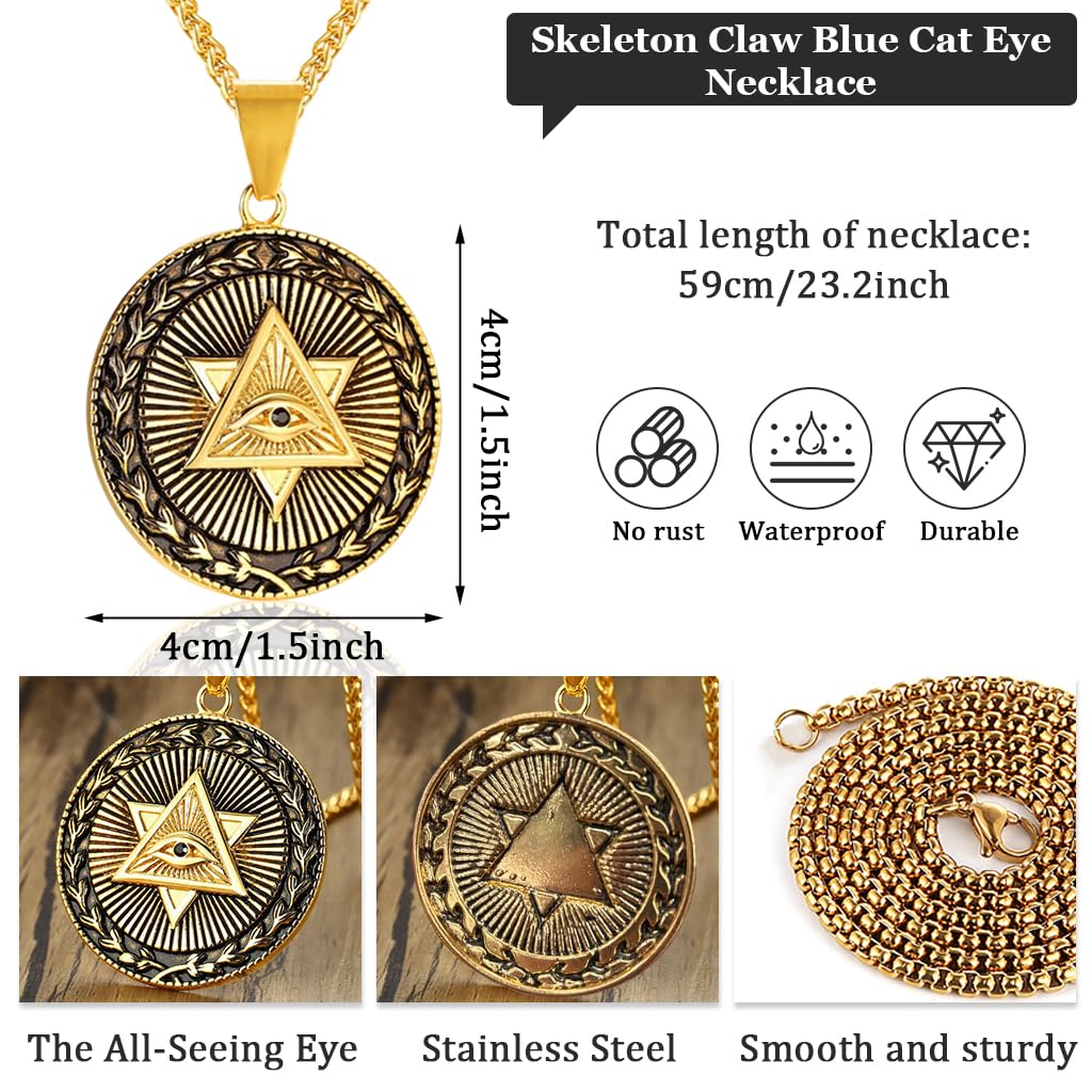 Proberos Eye of Providence Necklace featuring Embossed Golden Pendant for Men | Adjustable Alloy Chain