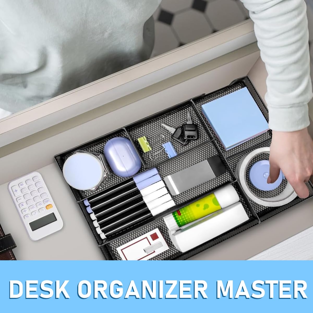 Desk Drawer Organizer Tray for Office and Home with 6 Adjustable Compartments 32x22x4.5cm Metal Mesh Design
