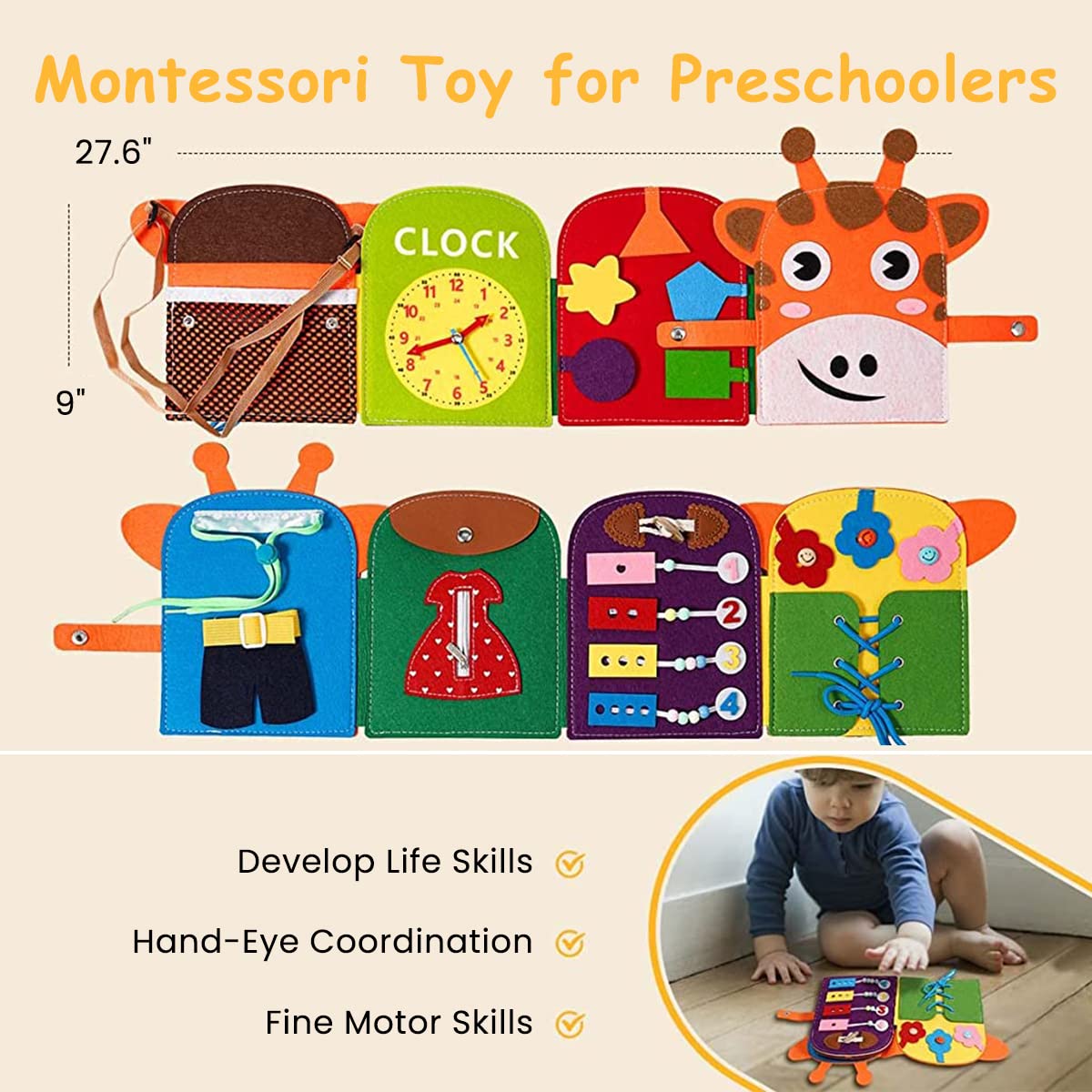 SNOWIE SOFT Busy Board for Toddlers 1-3 featuring Folding Giraffe Design & Soft Felt Material