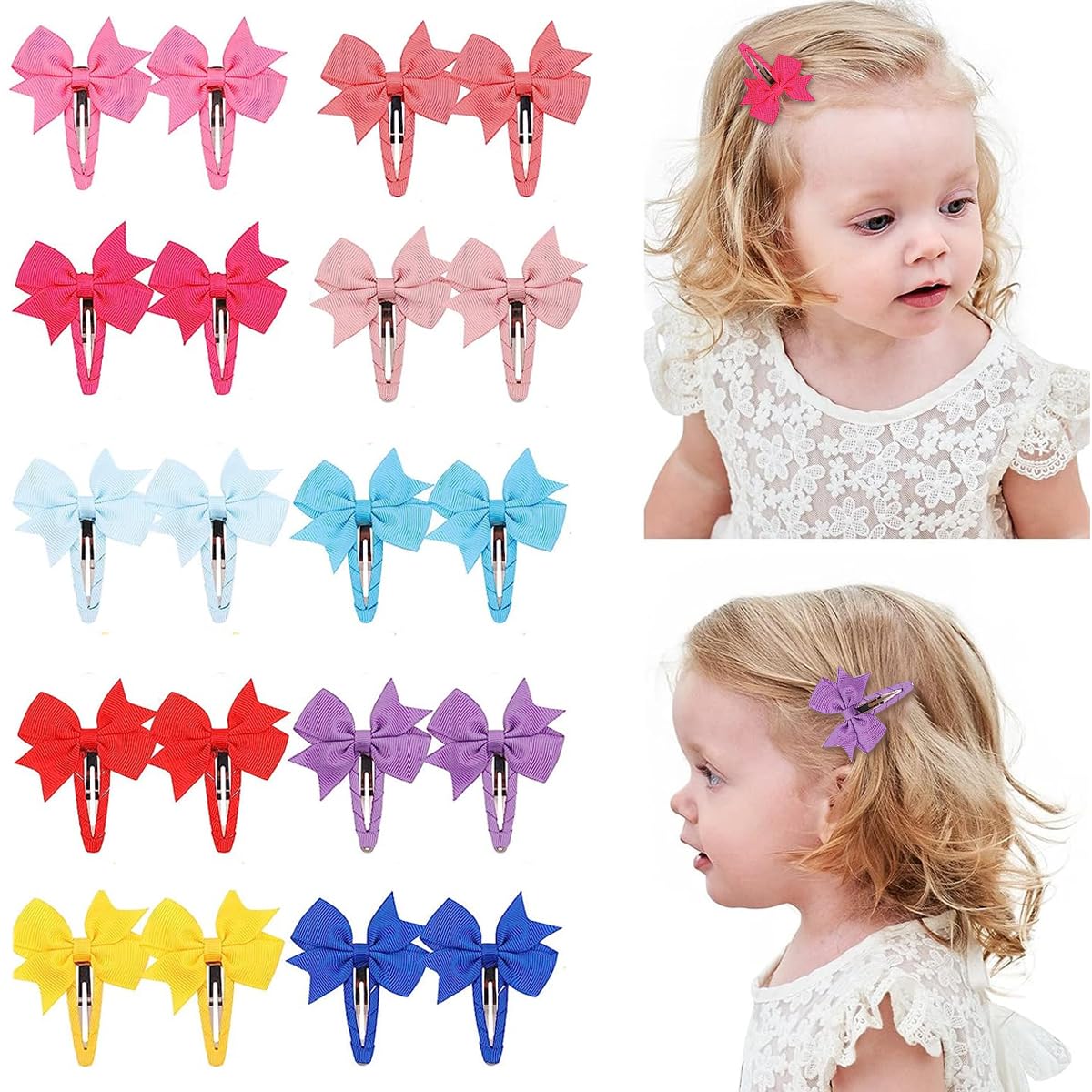 PALAY® 20pcs Bow Hair Clips for Girls Kids, Ribbon Snap Baby Hair Clips Barrettes, Handmade Fully Wapped Hair Accessories for Toddler Girls Gifts, Daily or Dress Up (10 Colors Combo Set)