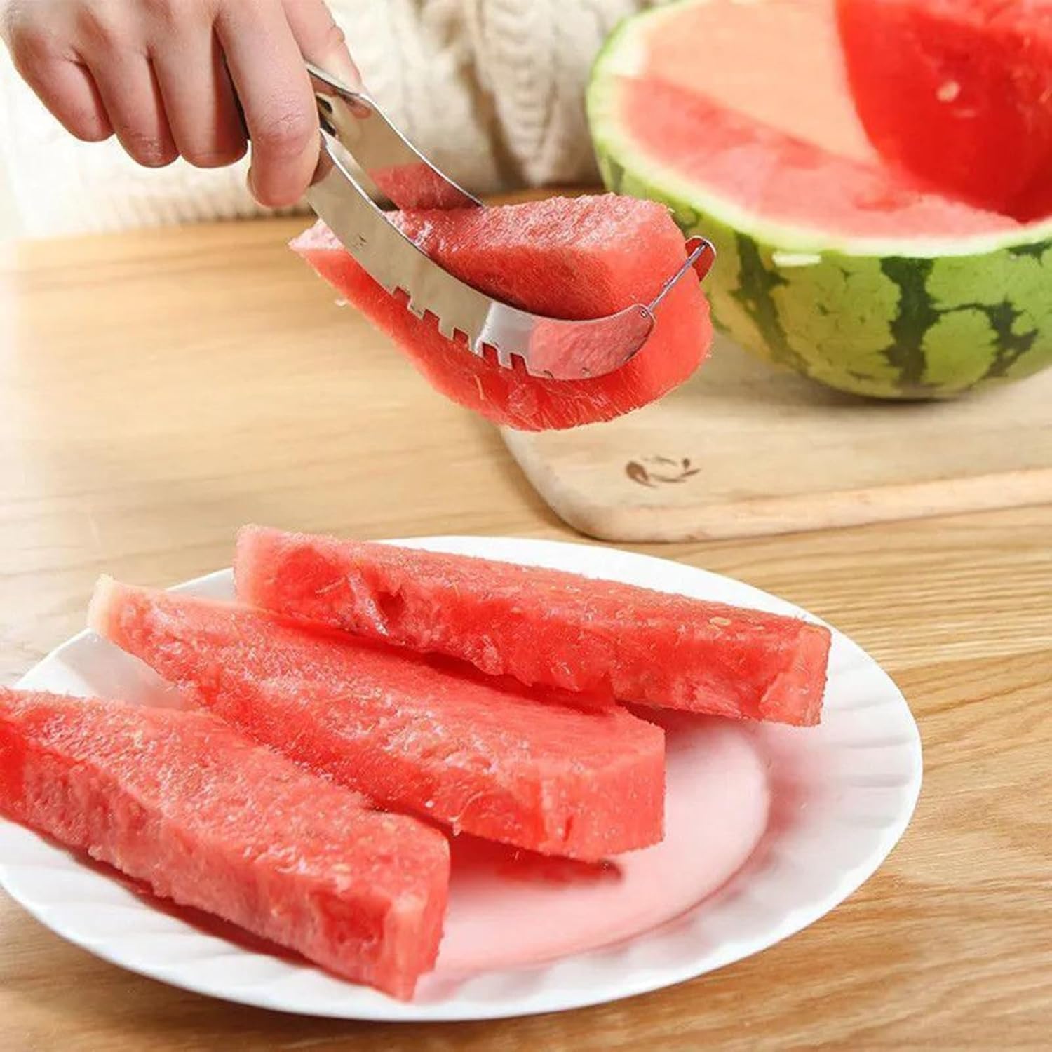 ZIBUYU Watermelon Slicer for Easy Fruit Cutting and Serving with Dual Curved Blades | Stainless Steel Ergonomic Tong Design