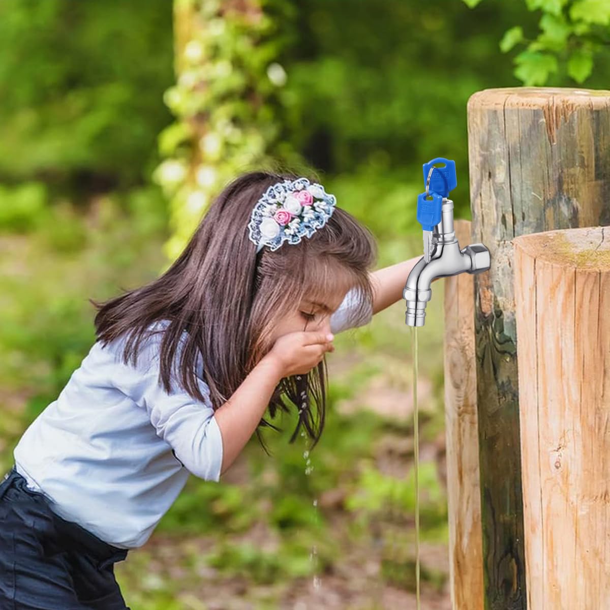 HASTHIP Dual Spout Faucet for Garden Watering with Integrated Lock and Keys | Stainless Steel 1/2 Inch Connection
