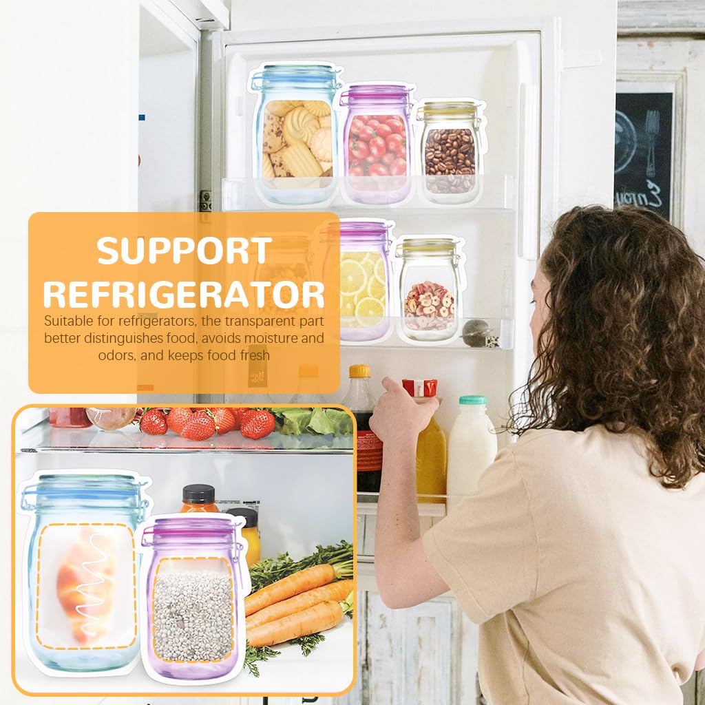 ZIBUYU Ziplock Bags for Fridge with Leak Proof Closure 15pcs Mason Jar Shape PE Containers | 3 Sizes for Snacks and Kitchen Storage