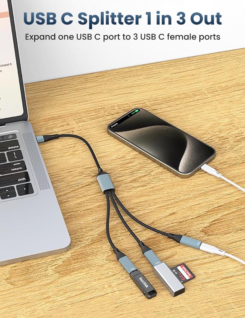 Verilux USB C Splitter for Charging and Audio | 3 in 1 Nylon Braided Type C Adapter