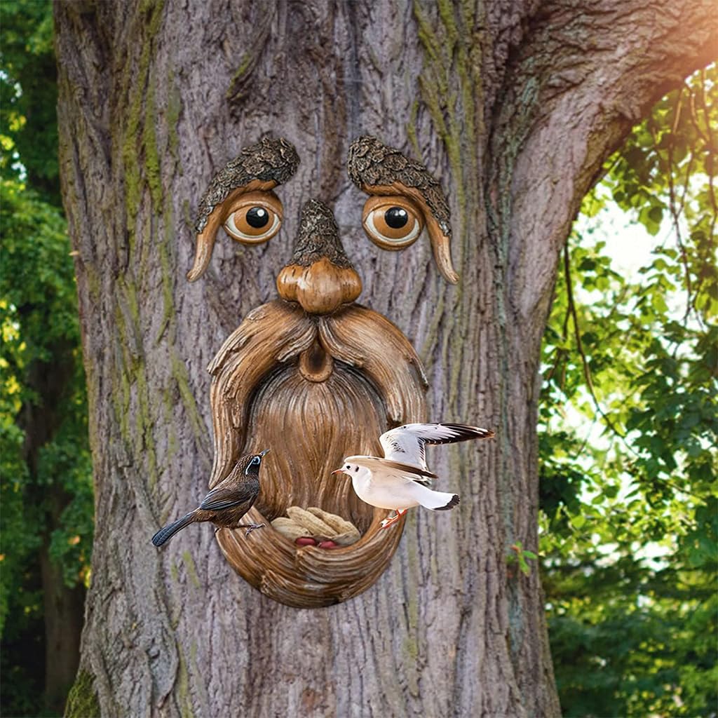 HASTHIP® Garden Bird Feeder Creative Resin Tree Trunk Mounted Bird Feeder Creative Resin Wood Spirit Bird Feeder Handmade Wood Wizard Garden Decor Tree Decor Backyard Decor