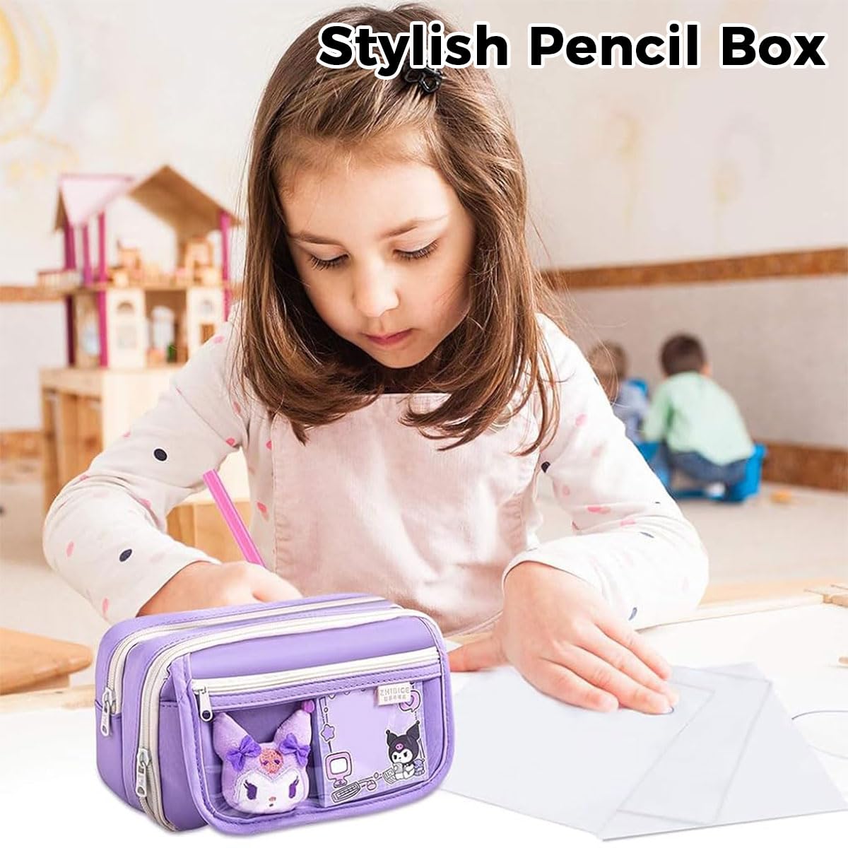 Zibuyu Kuromi Transparent Pencil Case Set for School with 20 Stickers and PET Pouch | Cute Gift for Girls