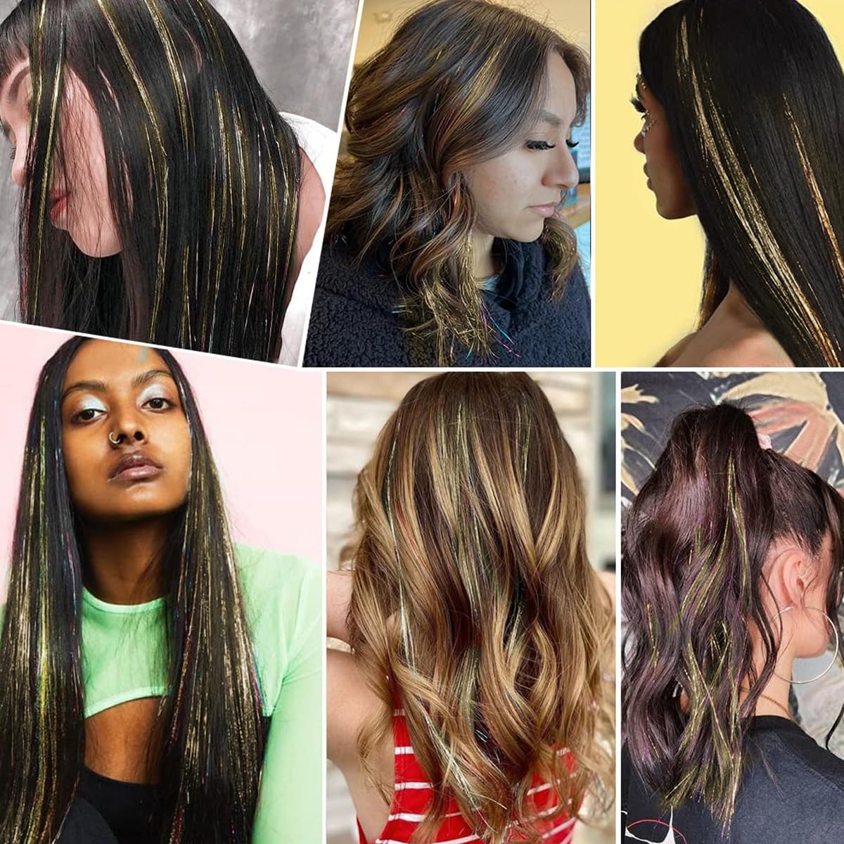 MAYCREATE Hair Tinsel Extensions with Clip‑On Design 12PCS 20.5 in Brown Strands for Party | Fairy Shiny Heat‑Resistant Kit