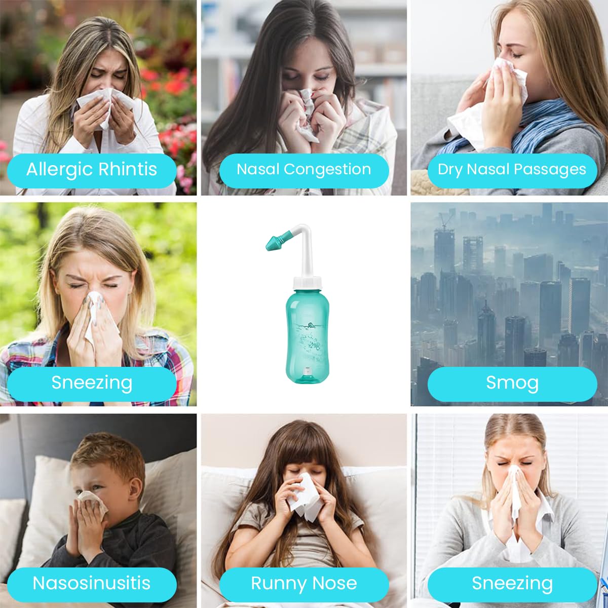 HANNEA Neti Pot for Sinus Rinse with 300ml Bottle and Auto Valve | 2 Nozzles Green