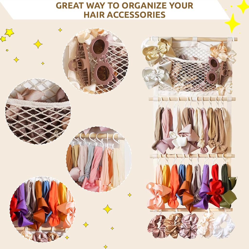 SNOWIE SOFT Wall Hanging Hair Accessories Organizer with 30 Hooks and Wooden Frame | Space-Saving Storage for Clips Headbands and Scarves