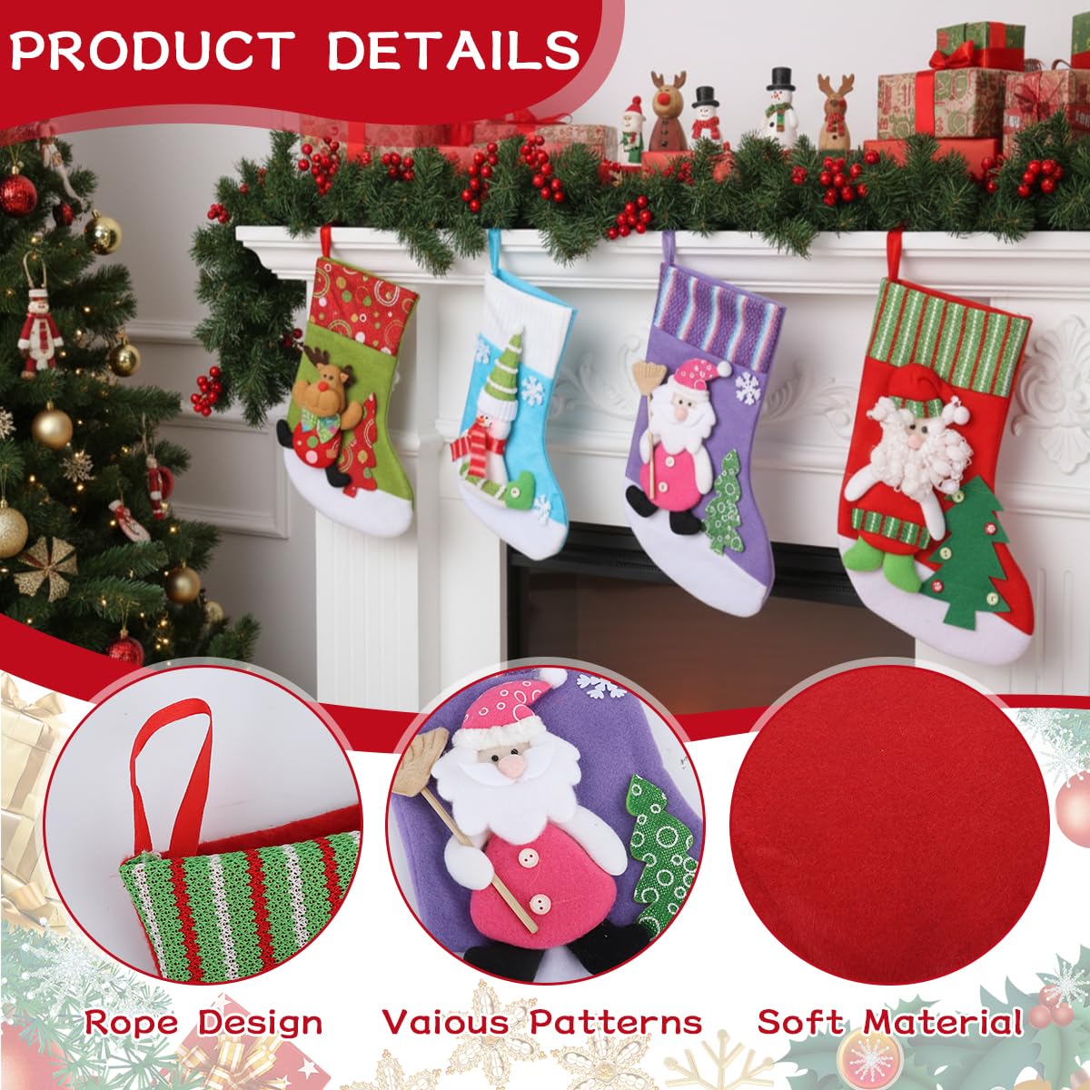 HASTHIP Christmas Stockings Set for Holiday Decor with Santa Snowman Reindeer | Set of 4