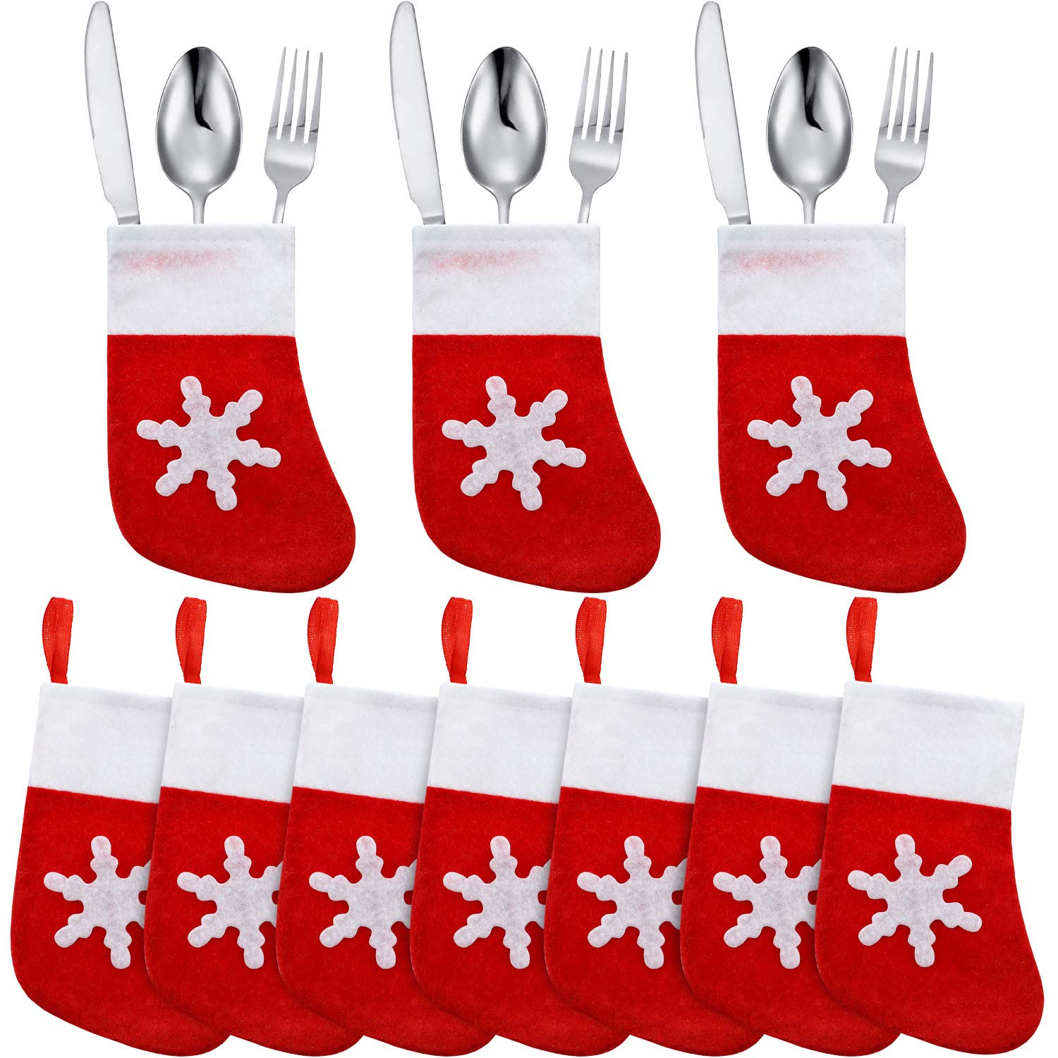 HASTHIP® 20Pcs Christmas Stocking Cutlery Pouches Snowflake Red Festive Utensils Holders for Table Setting, Holiday Dining Utensils Decoration Party Supplies