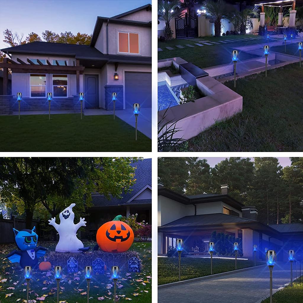 Qpets Solar LED Garden Lights for Outdoor Decor with Flickering Flame Effect | 4pcs Blue IP65 Waterproof Lamps
