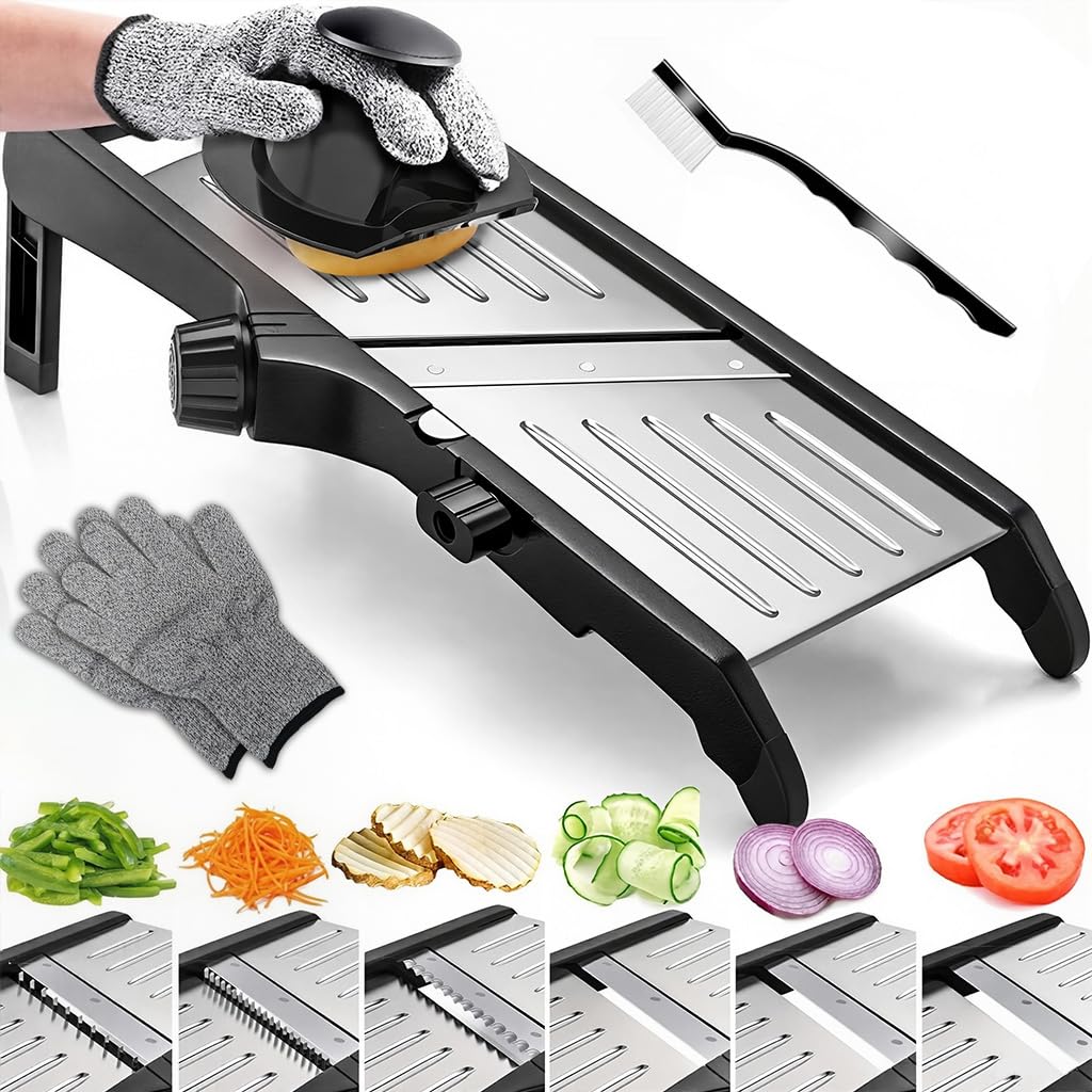 Supvox Kitchen Mandoline Slicer with 5 Interchangeable Blades and Cut-Resistant Gloves | Stainless Steel Vegetable Grater for Safe and Efficient Food Prep