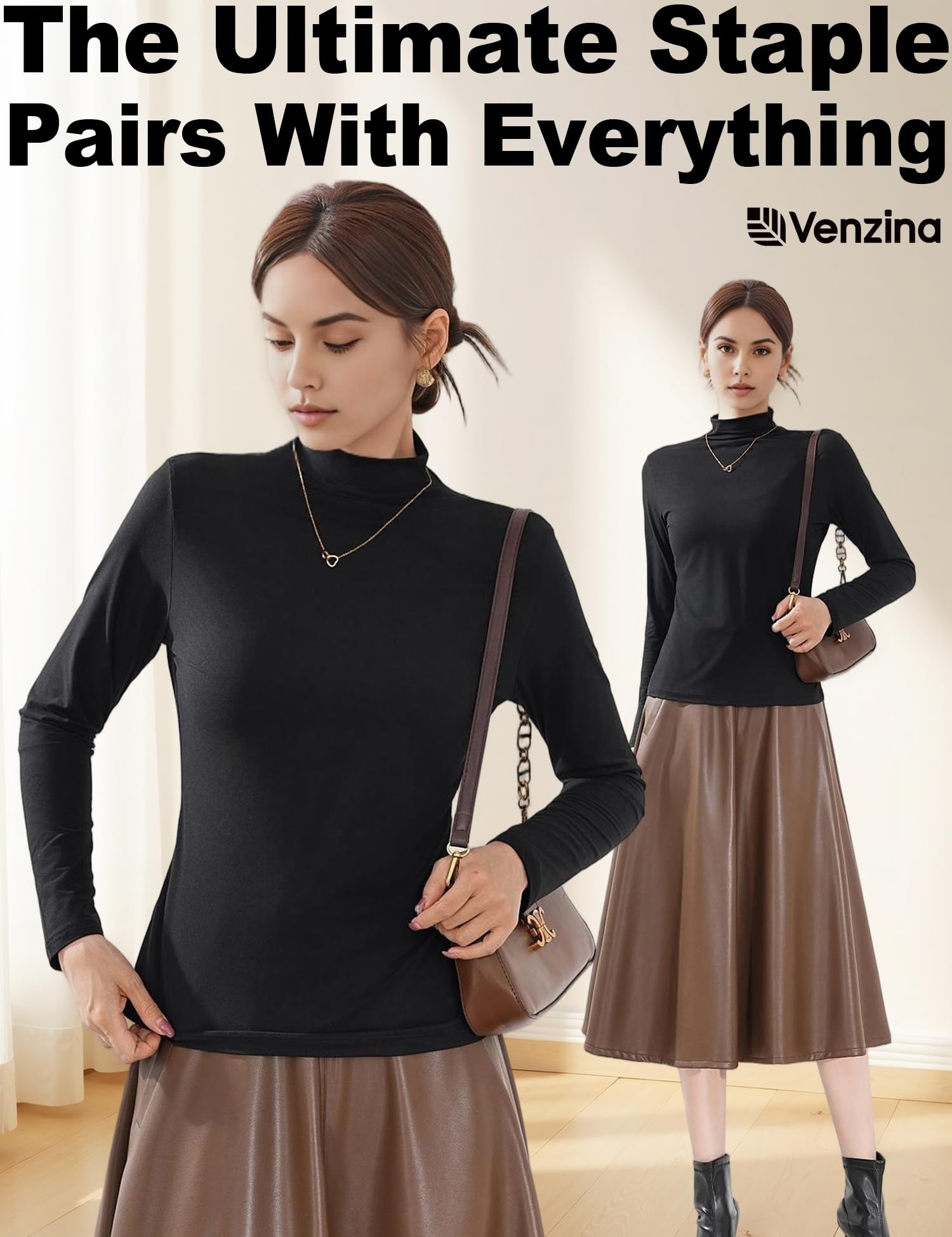 Venzina Women’s Long Sleeve Mock Neck Top for Fall and Winter Layering | Soft Stretch Slim Fit Blouse