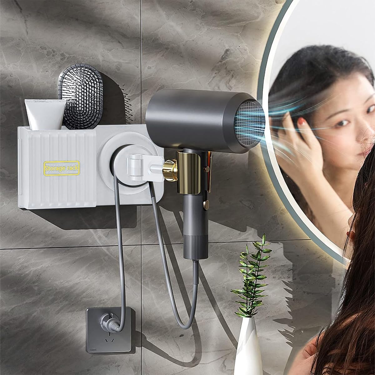 HASTHIP Hair Dryer Holder for Bathroom with 360° Rotatable Grip and Self Adhesive Storage Box