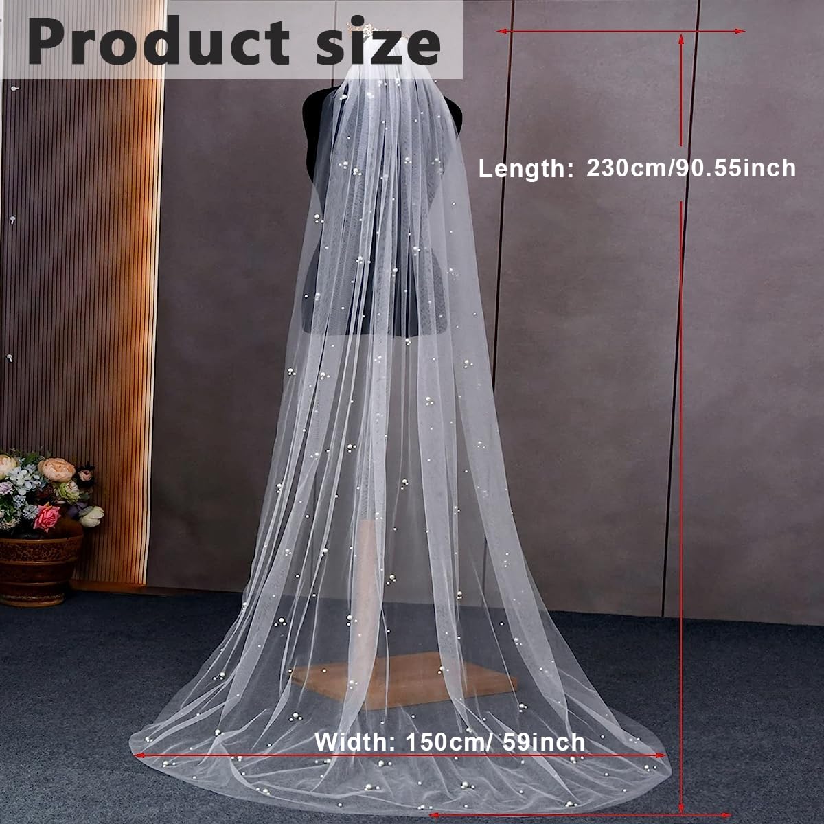 PALAY® Pearls Veil for Wedding Bride, 7.5ft Long Wedding Veil with Comb, 1 Tier Drop White Bridal Veil for Wedding, Soft Tulle Long Cathedral Veil