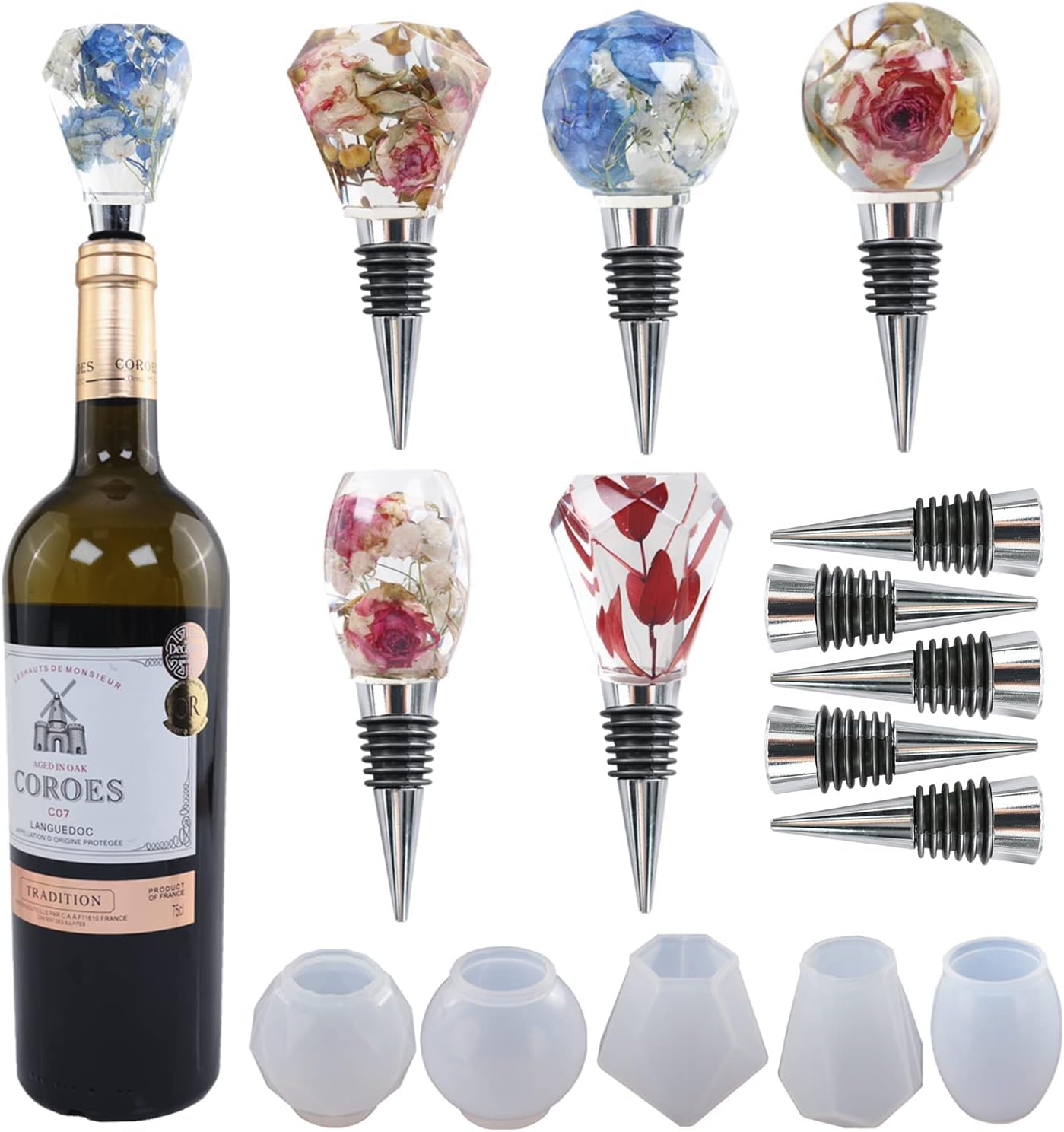 HASTHIP Wine Stopper Resin Molds for DIY Craft Gifts with 5 Silicone Shapes and Stoppers