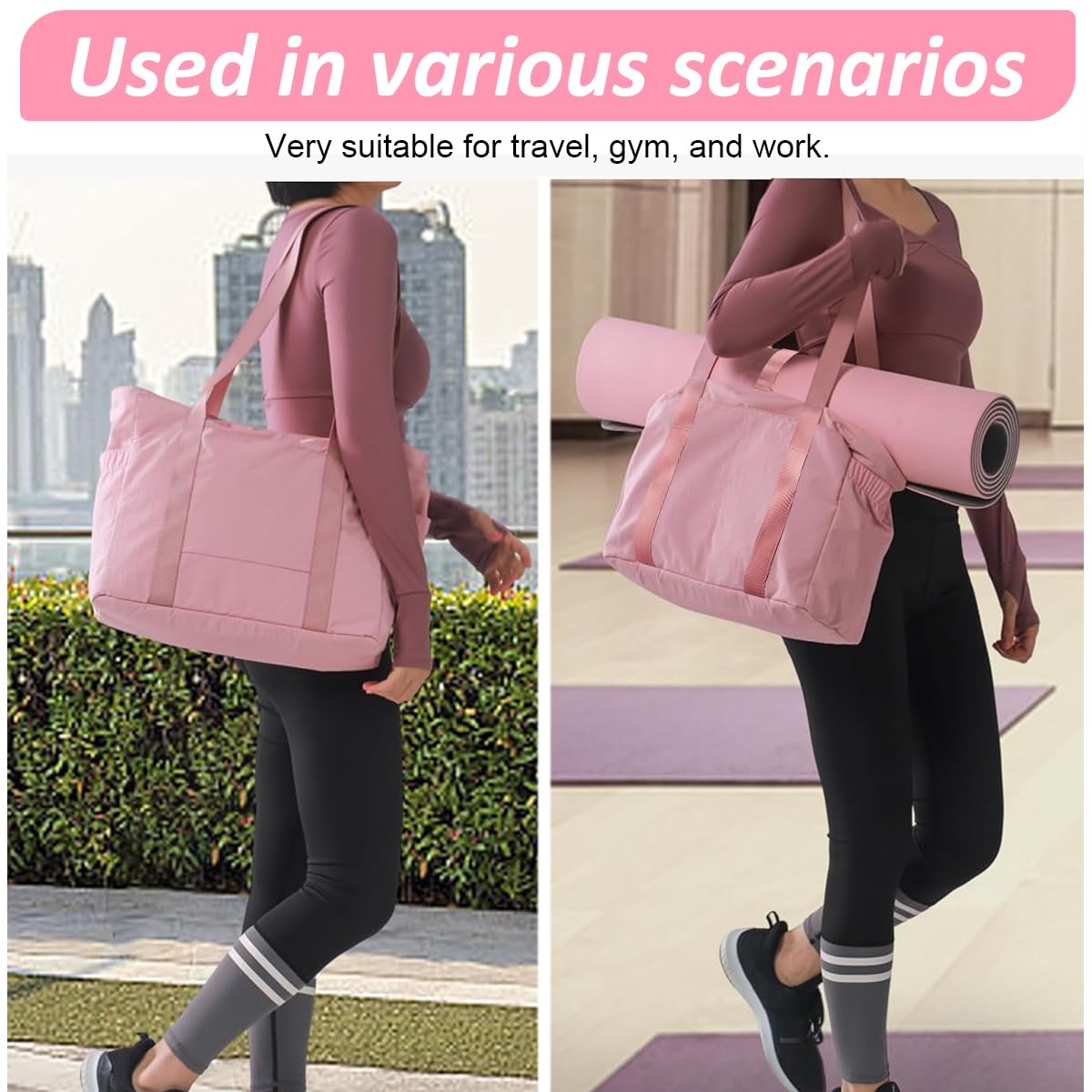 PALAY Casual Shoulder Bag Hand Bag with Zip-up Closure Tote Bag for Women Fashion Pink Nylon Gym Bag with Yoga Mat Buckle Fashion Lightweight Carry On Bag for Fitness, Travel, Work, 39x15.5x31cm