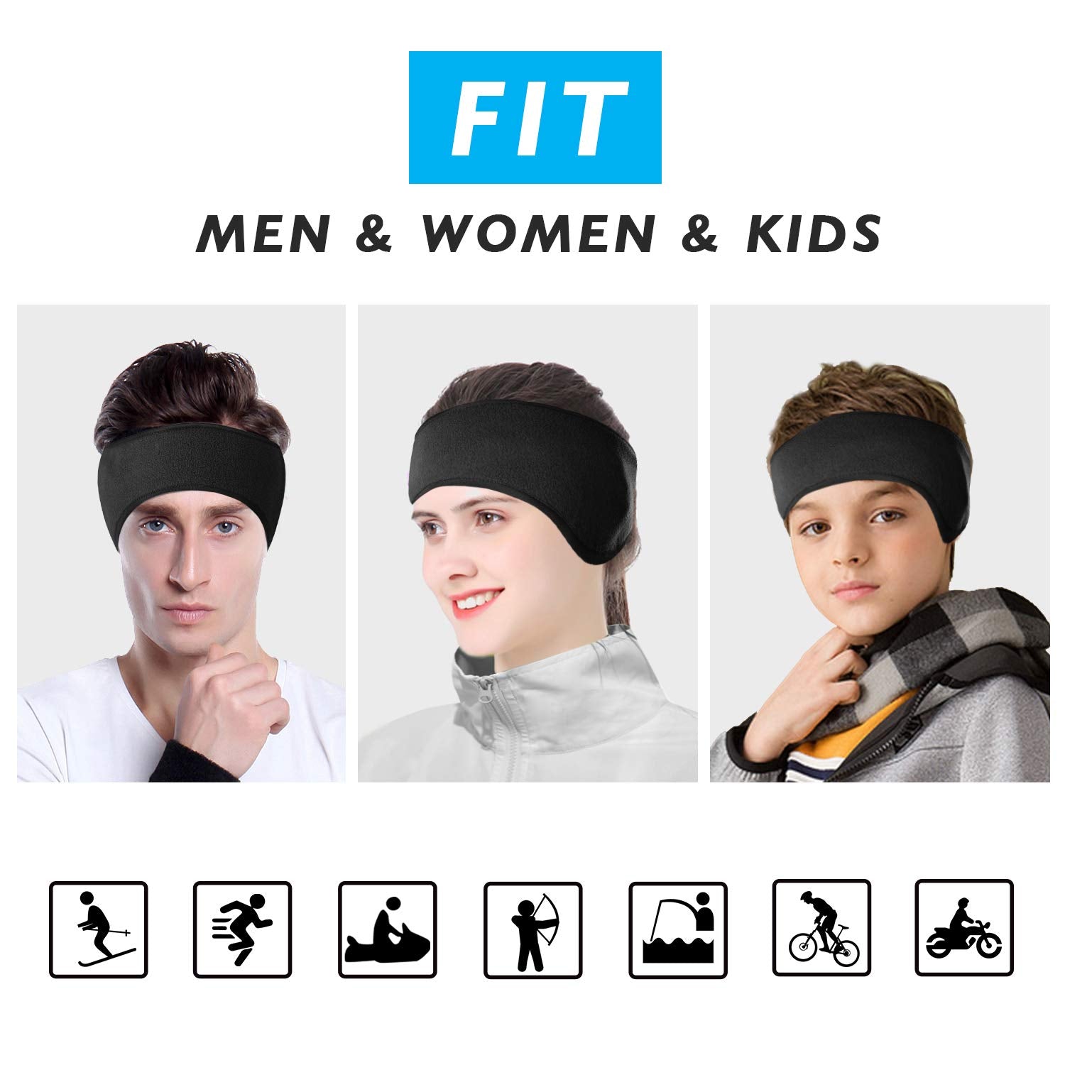 ZIBUYU 2 pcs Fleece Elastic Headband Ear Muffs Winter Headband for Unisex Winter Outdoor Headband - Black & Grey