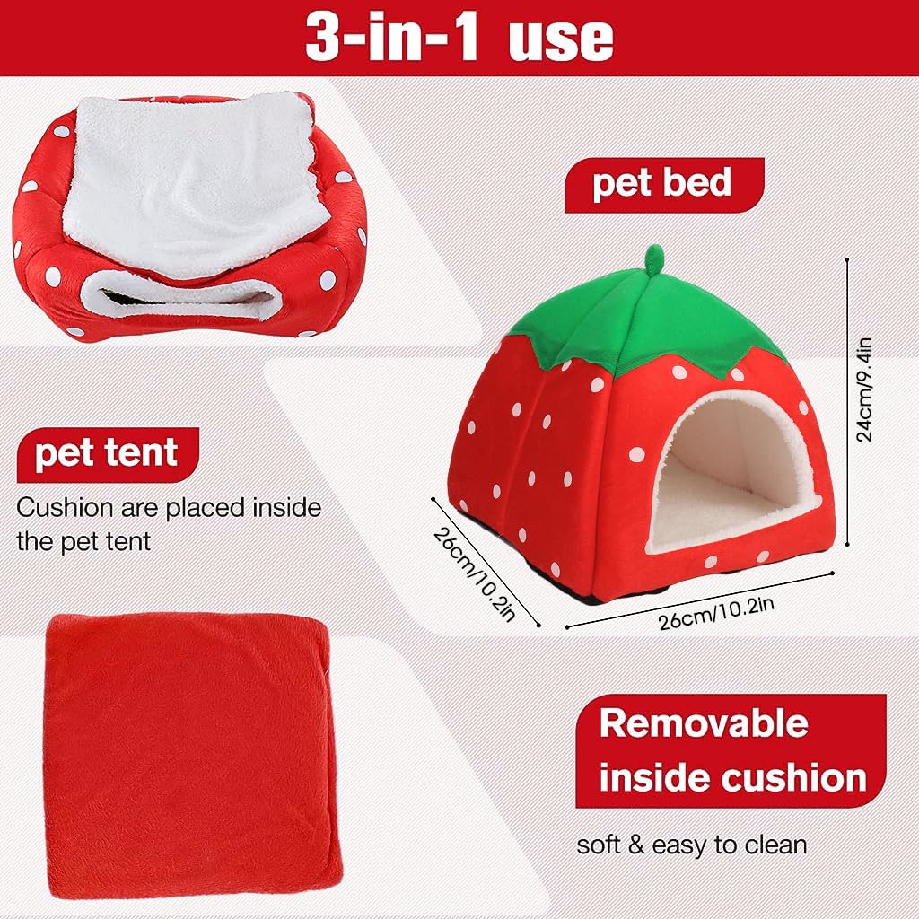 Qpets® Winter Bed for Pets, Cute Strawberry Plush House, Hamster Cage with Roof for Small Pet, Hideout Place Hibernation, Plush House for Ferret, Chinchilla, Bunny, Guinea Pig Bed (Within 0.75 kg)