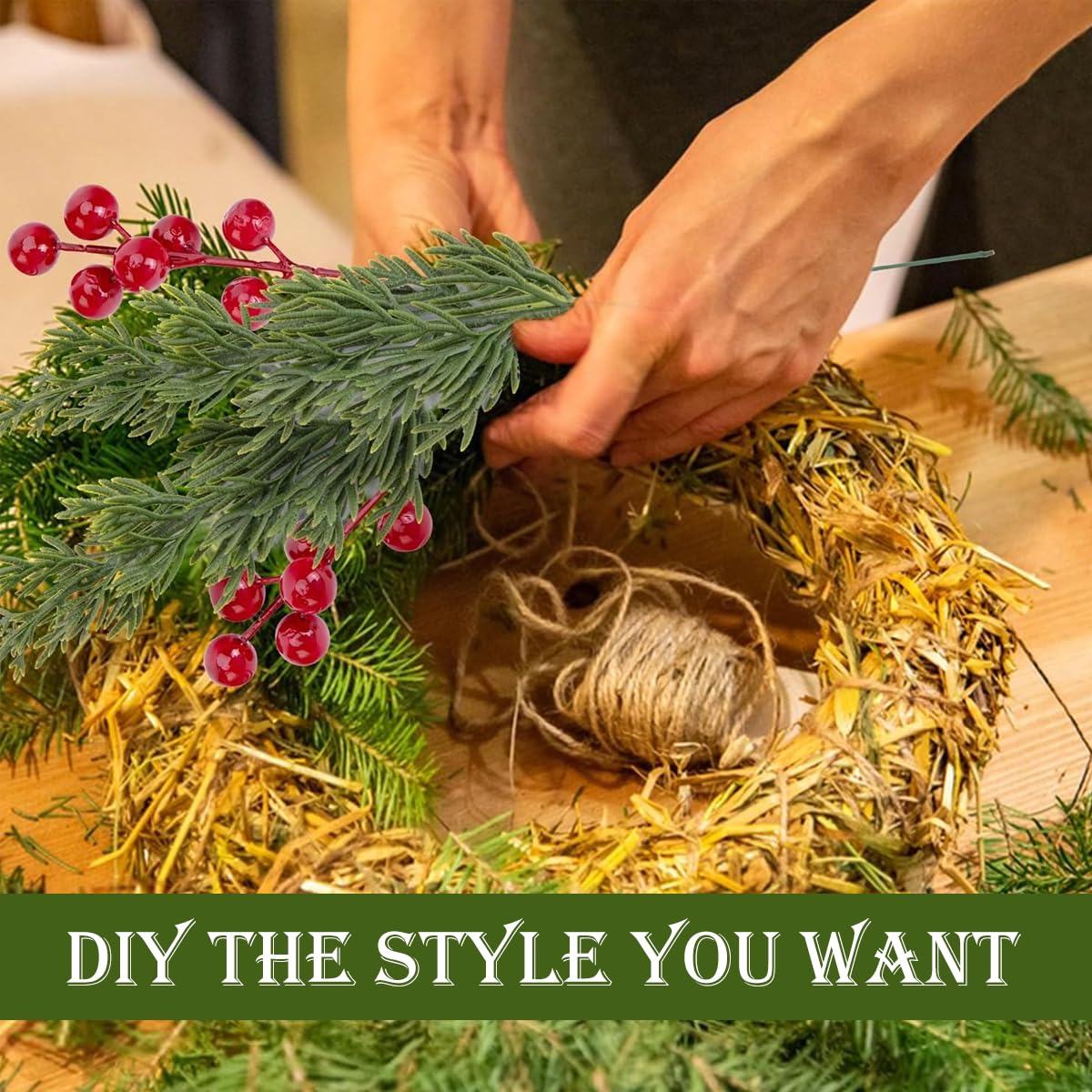 HASTHIP Christmas Pine Branches Set for DIY Decor featuring 35 Pine and 10 Berry Stems