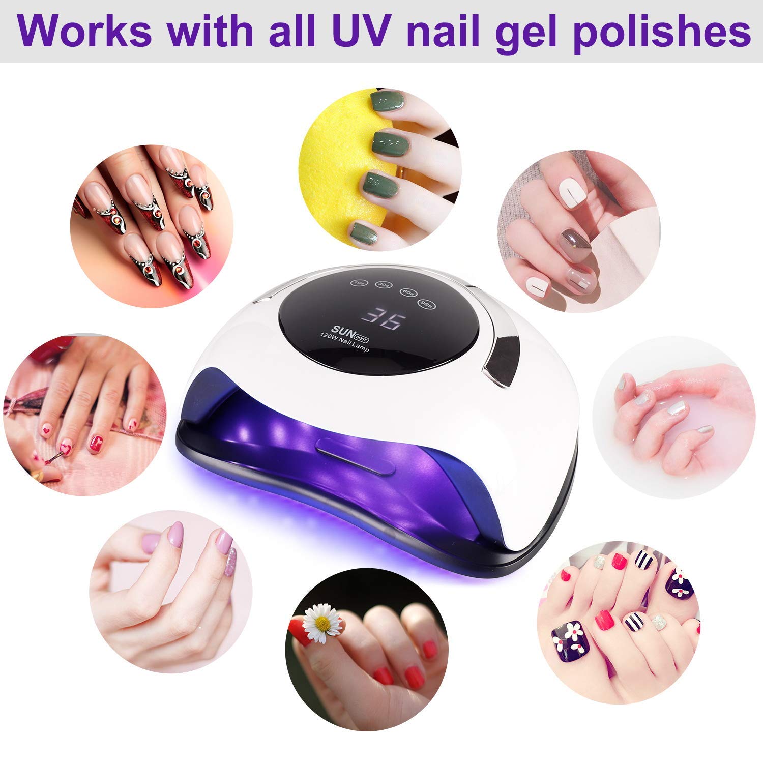 MAYCREATE Nail Lamp for Fast Gel Curing with 120W 36 LEDs and Magnetic Detachable Base | White