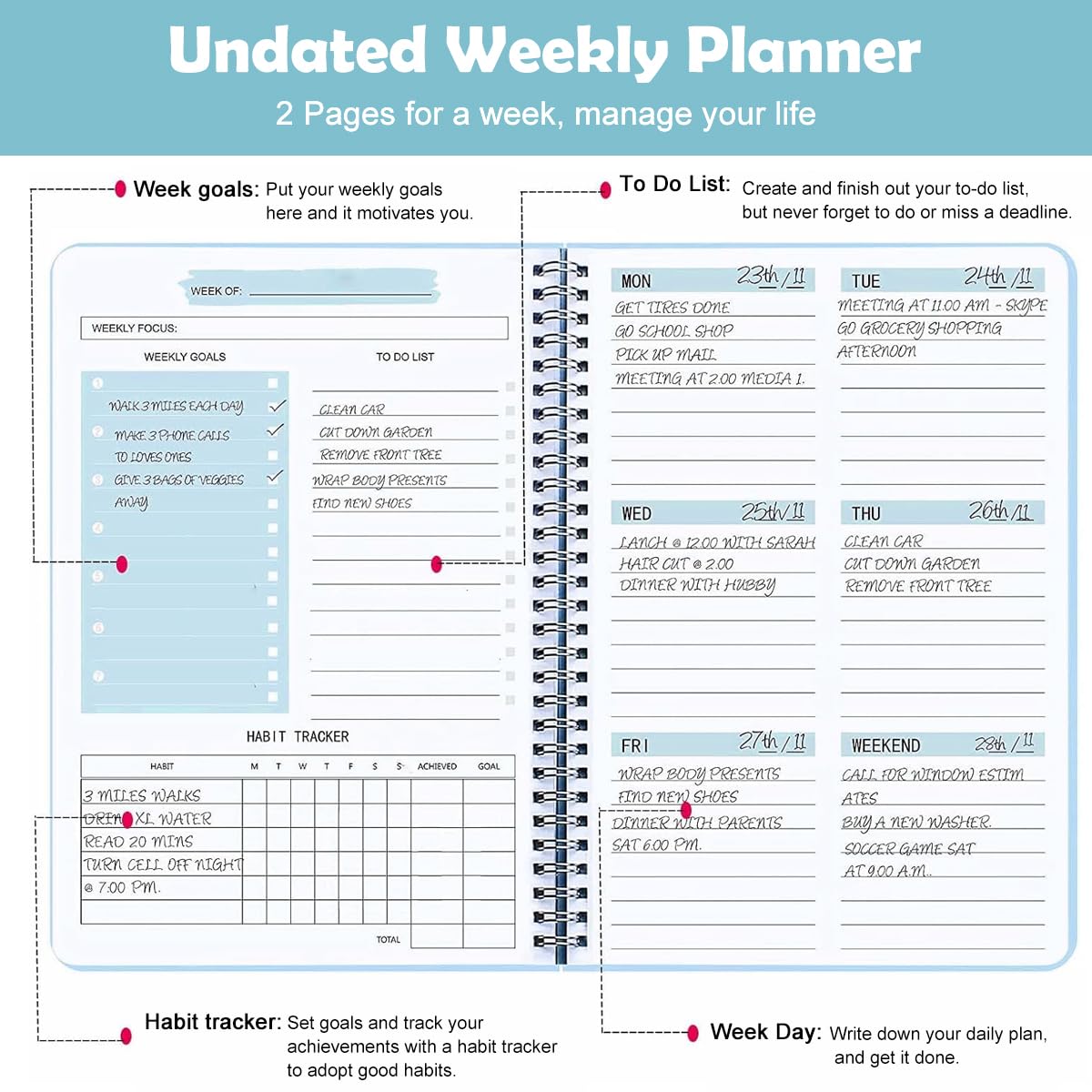 OFIFO Weekly Planner 2025 Diary with 52 Pages and Coil Binding Blue PP Cover | 3PCS