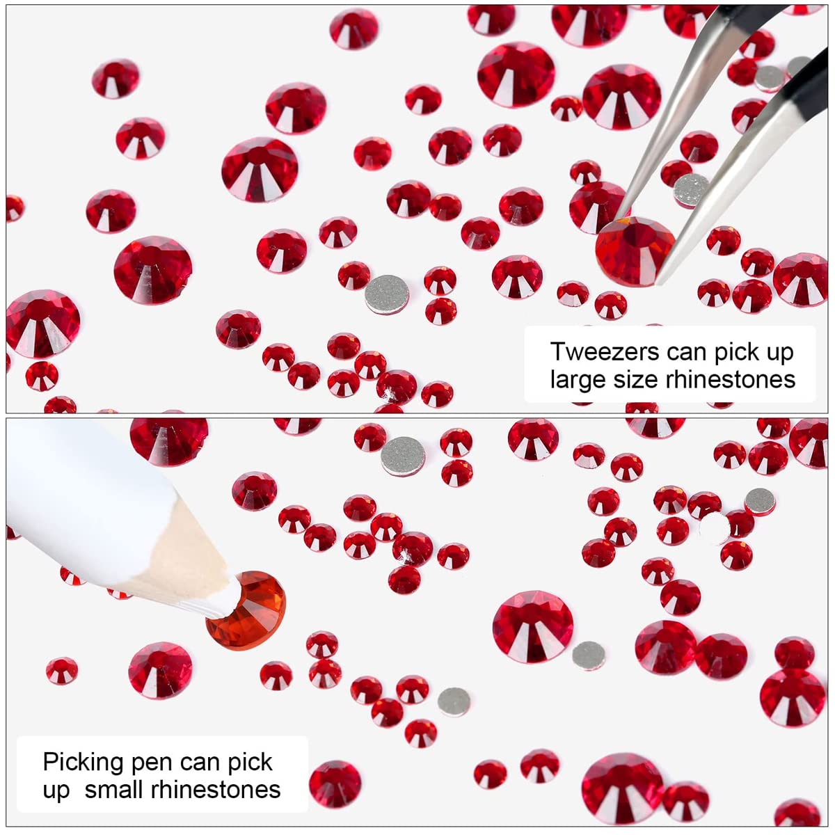 MAYCREATE Rhinestones Nail Art Kit for Manicure with 12 Grid Box featuring Tweezers & Picking Pen | Red Flatback 3D Gems 6 Sizes