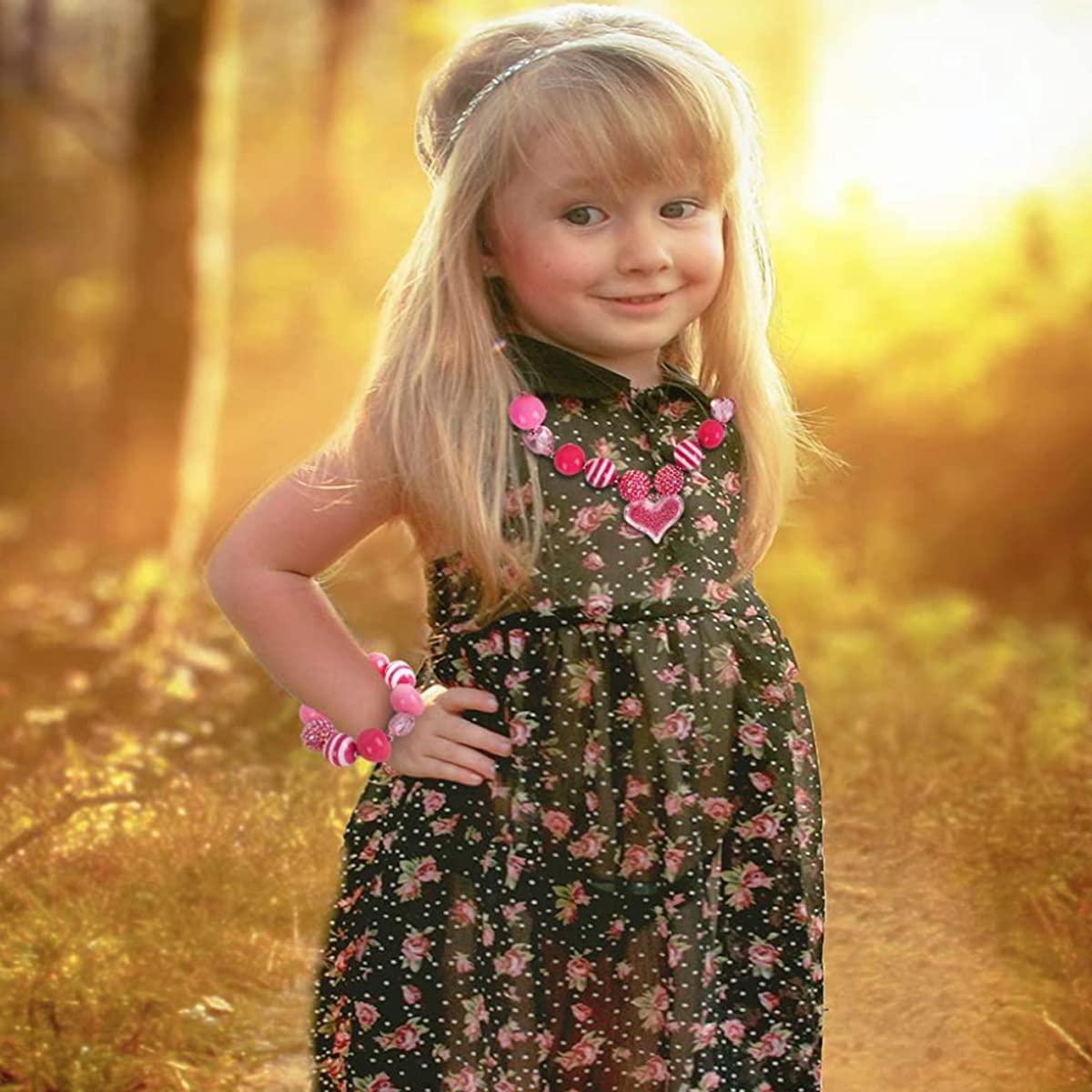 SANNIDHI Necklace Bracelet Set for Girls with 36cm Necklace & Heart Charm Beads | Pink Jewelry Gift