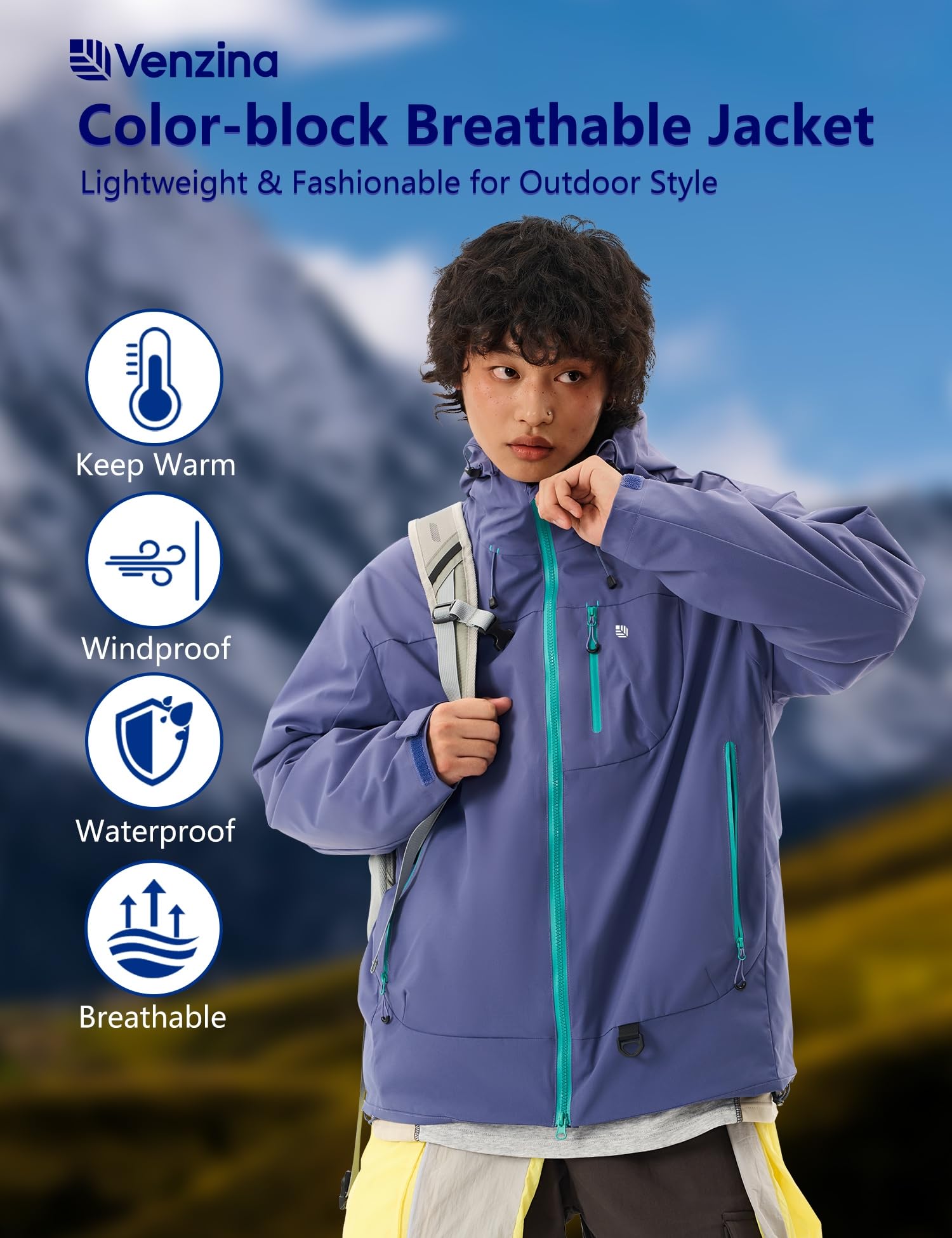 Venzina Men's Waterproof Rain Jacket for Commuting with Breathable Windproof Fabric | Purple