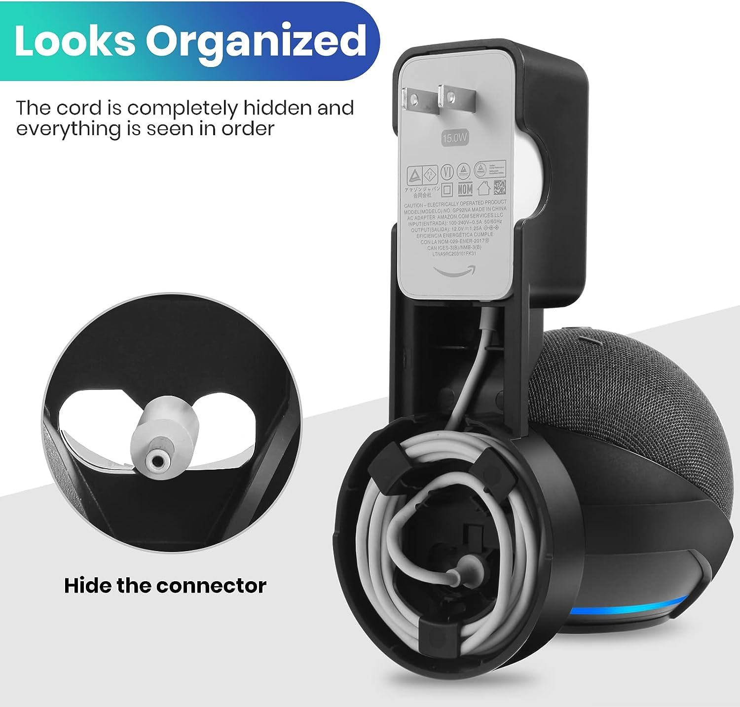 Zeitel Wall Holder for Echo Dot 4th and 5th Gen with 18×10.5×10.5 cm Fit | Heavy Duty Plastic Cord Management Mount