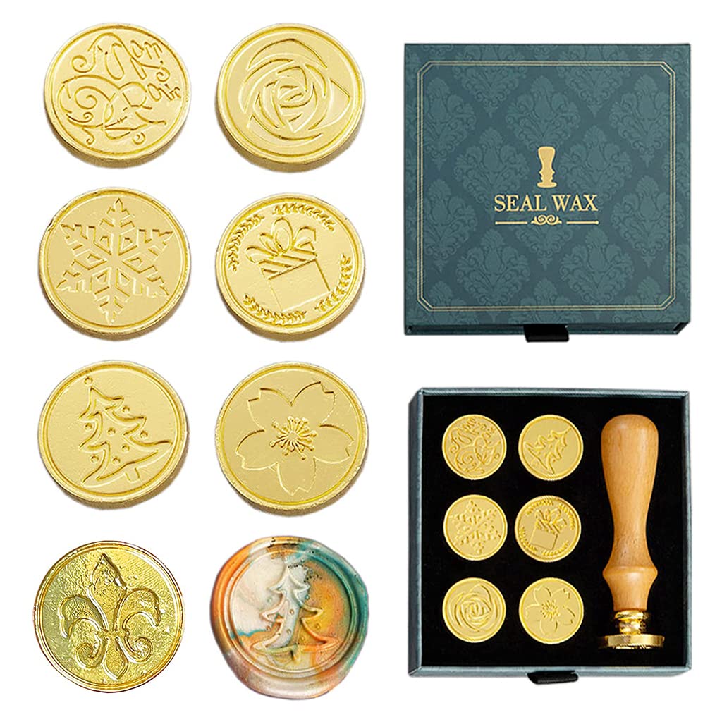 HASTHIP® 7Pcs Sealing Wax Stamps Kit Gift Box Set,Copper Seals plus 1 Wooden Wax Seal Stamp Handle for Cards Envelopes and Gift Packaging