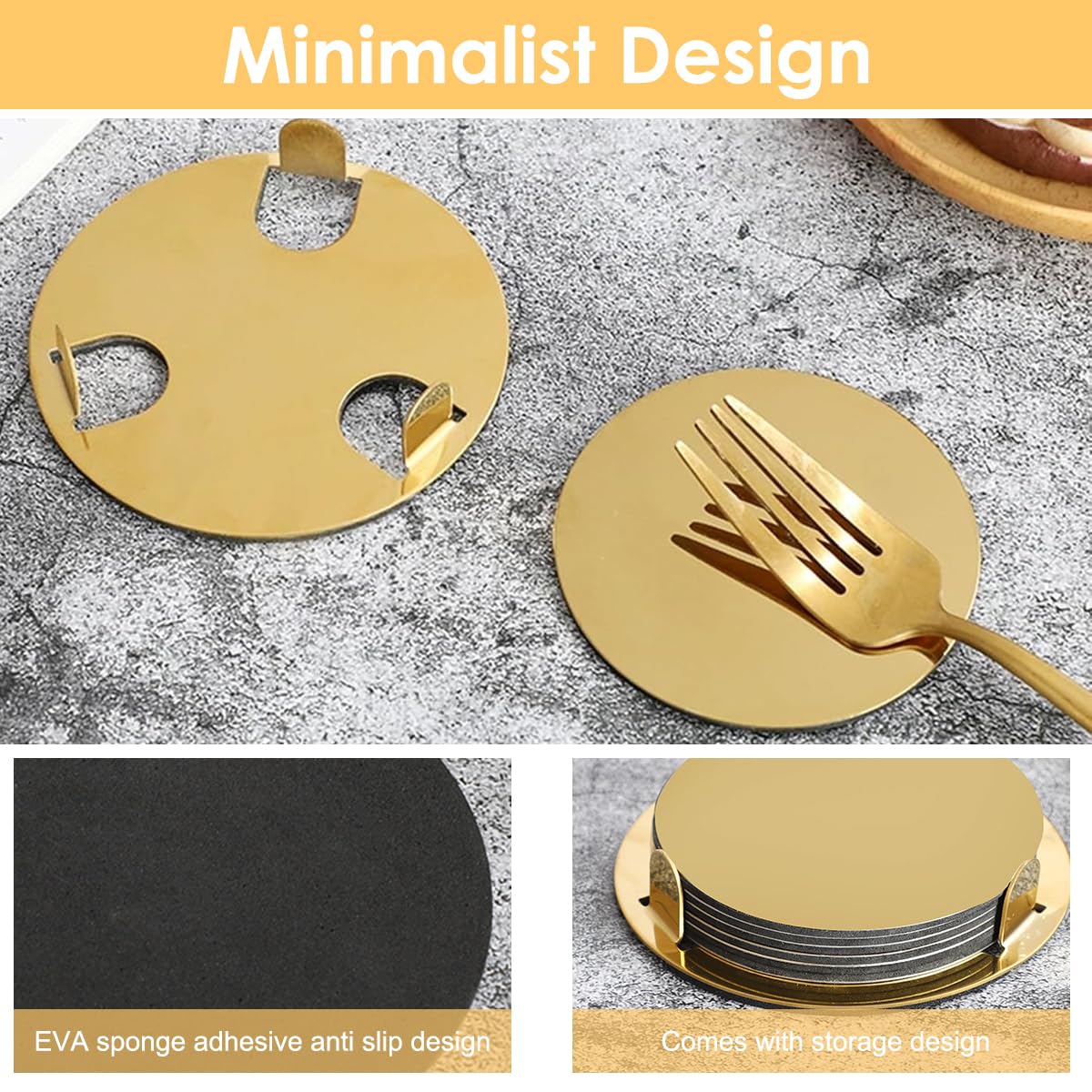 ZIBUYU Coasters Set for Home and Office with Holder featuring Gold Stainless Steel | 6 Pieces