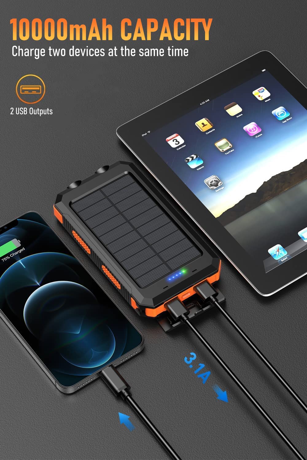 ELEPHANTBOAT Solar Power Bank for Camping with 10000mAh Battery and Dual USB Ports | Flashlight and Compass