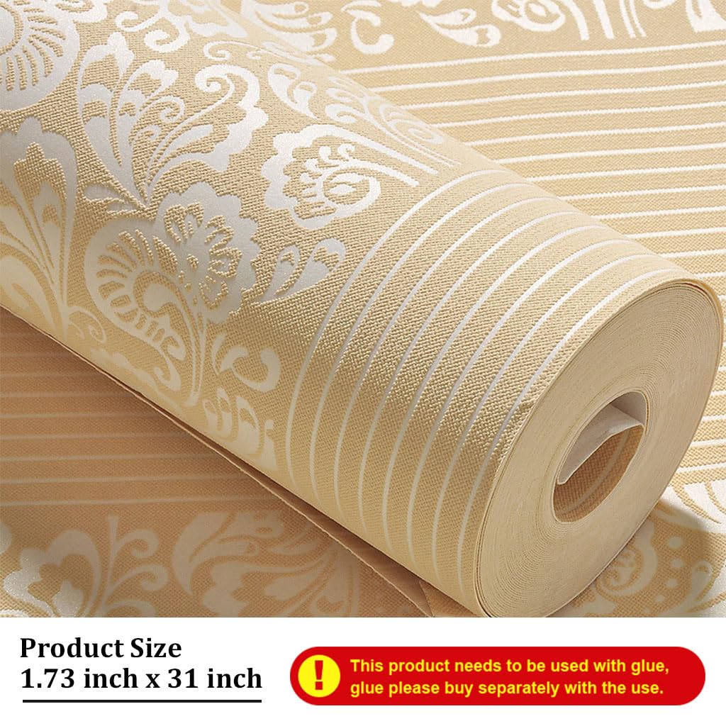 HASTHIP 3D Embossed Damask Wallpaper for Bedroom and Living Room featuring Non‑Woven Fabric 1.73ft x 31ft | Easy to Cut and Remove