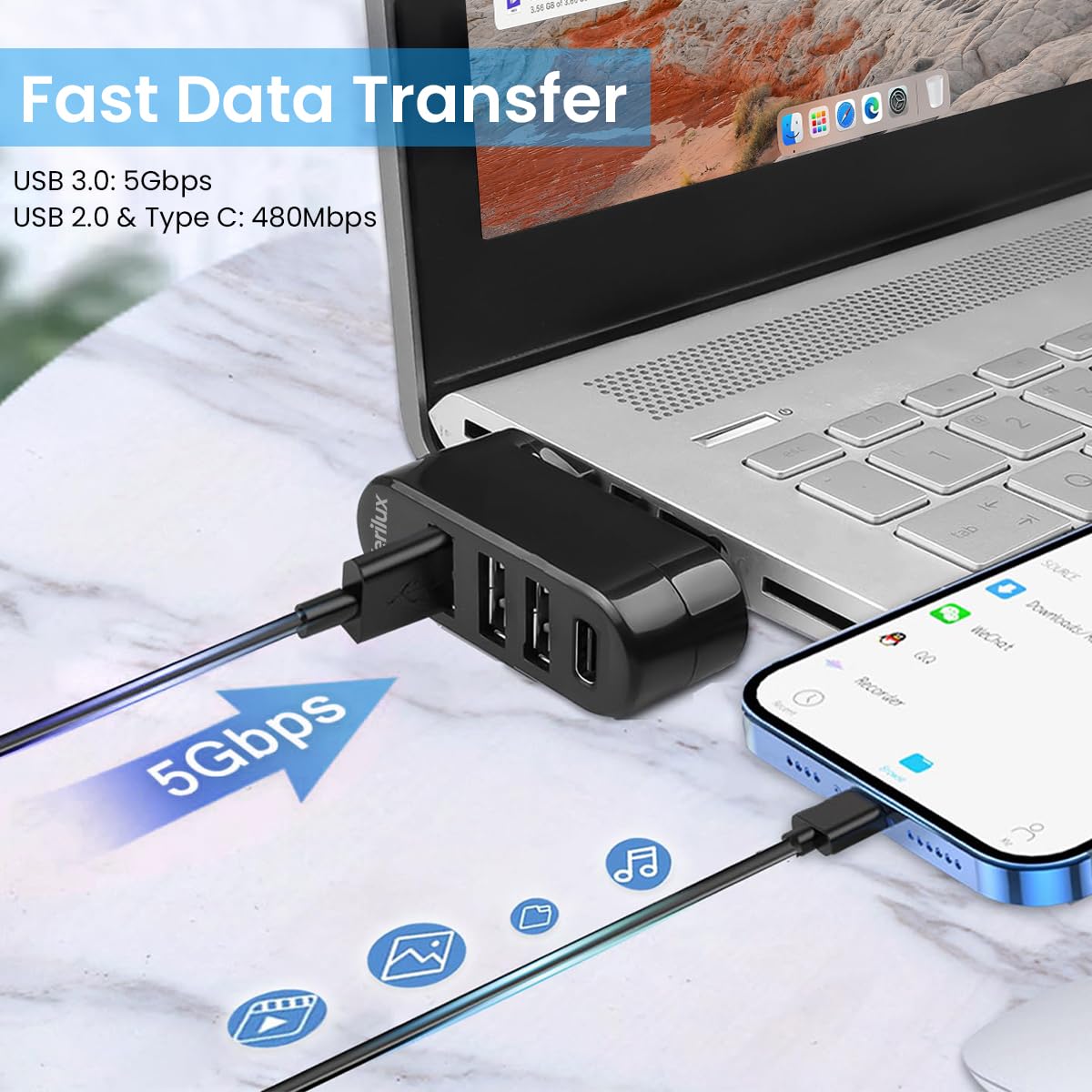 Verilux USB Hub 3.0 for Laptop and PC with 4 in 1 Ports Featuring 90 180 Rotatable Plug | Type C PD Charging