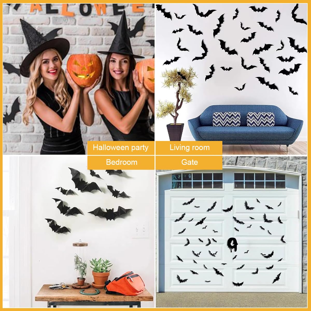 HASTHIP® 60Pcs Halloween Wall Decoration Stickers Fun Black Bat Wall Stickers Wall Decorative PVC Bat Stickers with 4 Sizes Spooky Halloween Wall Stickers Halloween Party Supplies