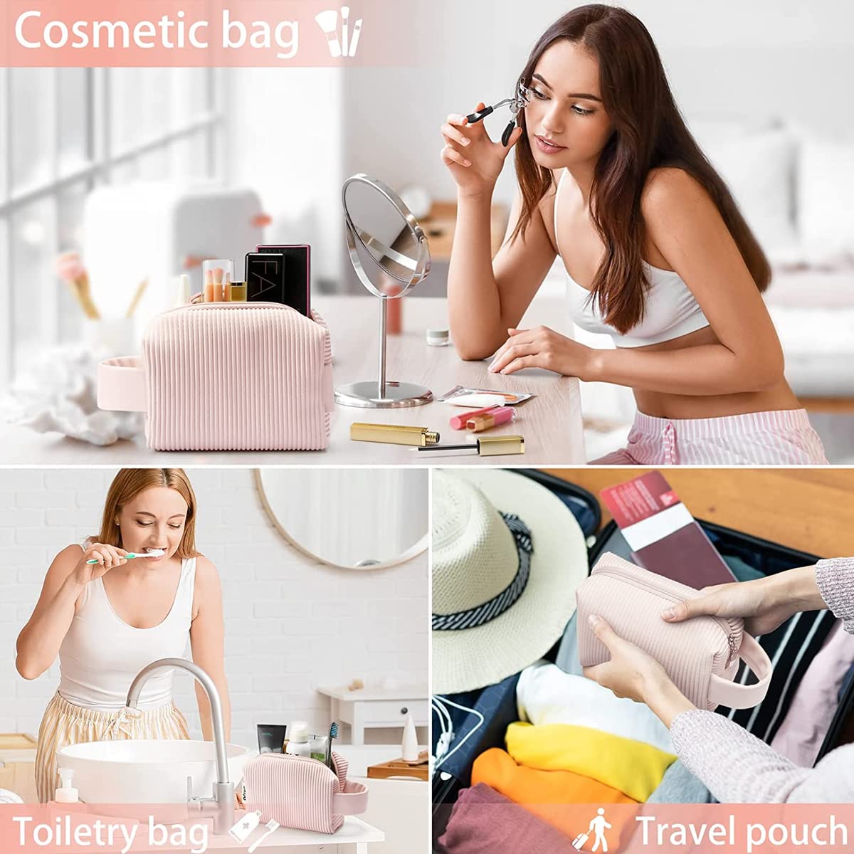 MAYCREATE Makeup Bag for Travel with Full Open Zipper and Handle 18×7.5×12.5cm Pink | PU Leather Toiletry Organizer for Women