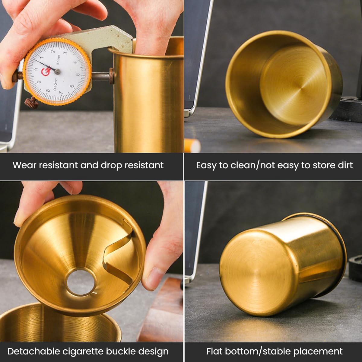 HASTHIP Car Ash Tray for Home Office and Car with Funnel Lid & Cigarette Holder | 3.9 in Golden Stainless Steel